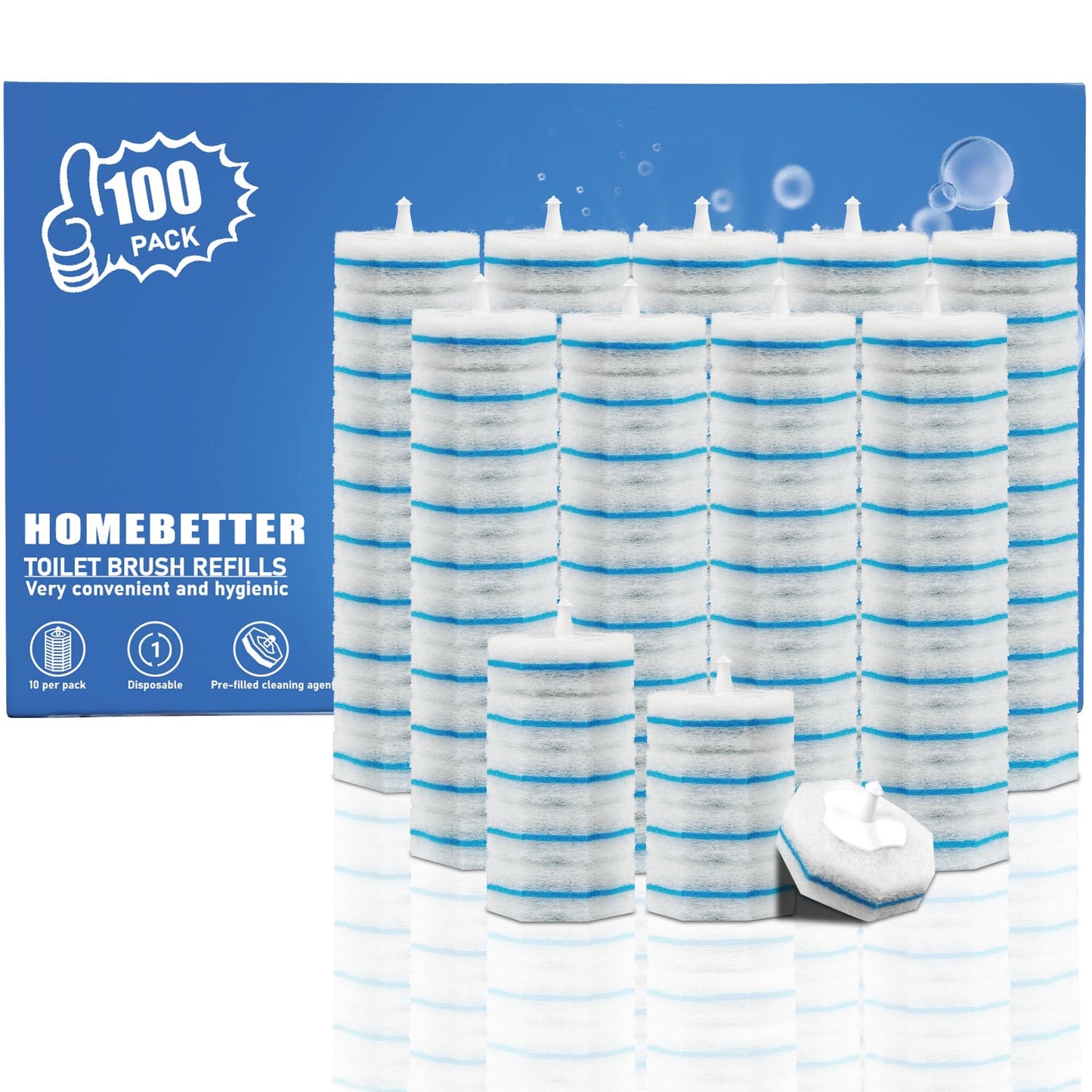 100 Count Disposable Toilet Bowl Wand Refills Prefilled with 2X Cleaning Solution, Compatible with Most Toilet Brush Handles, Not Fall Apart, Fresh Scent,