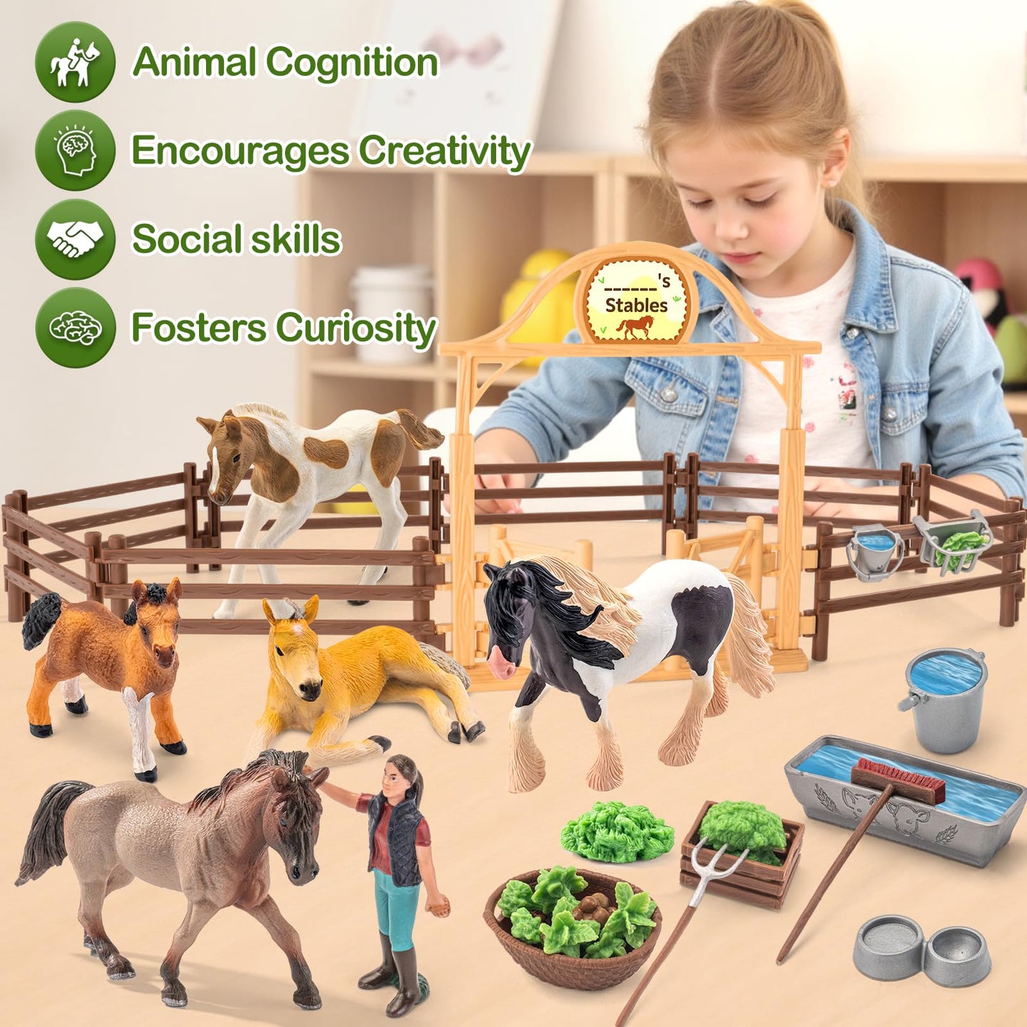 THINKBAY 35 PCS Horses Toys Set for Kids, Solid Realistic Horse Stable Playset Barn Toys for Girls, Ideal Birthday Farm Animals Gift for Toddlers