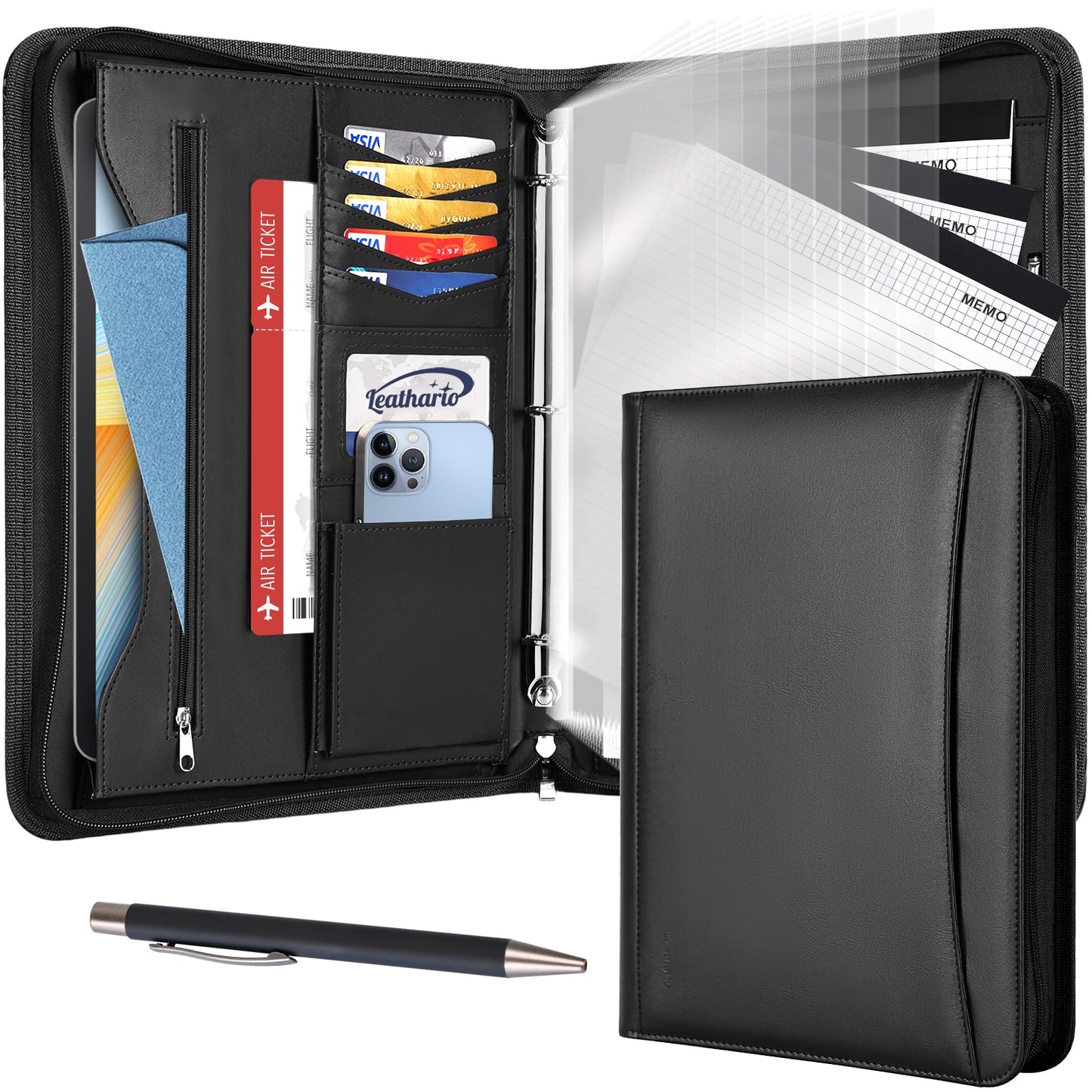 Leathario Portfolio, Vegan Leather 3-Ring Binder with Zipper, A4 Padfolio, Includes 10 Sheet Protectors and 3 Notepads, Multi-Pocket Document Holder for Tablets, Files, Notepads, Office Supplies