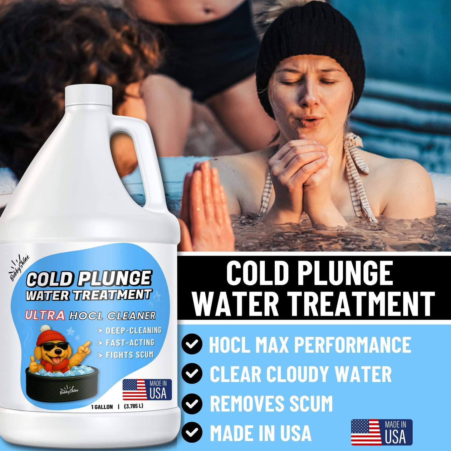 BubbyShine, 5in1 Weekly Cold Plunge Water Treatment - HOCl Cold Plunge Cleaner, Ice Bath Cleaner, Water Stabilizer For Cold Plunge Ice Pod, Clarifier Softener Chemicals, Ice Bath Accessories, 1 Gallon