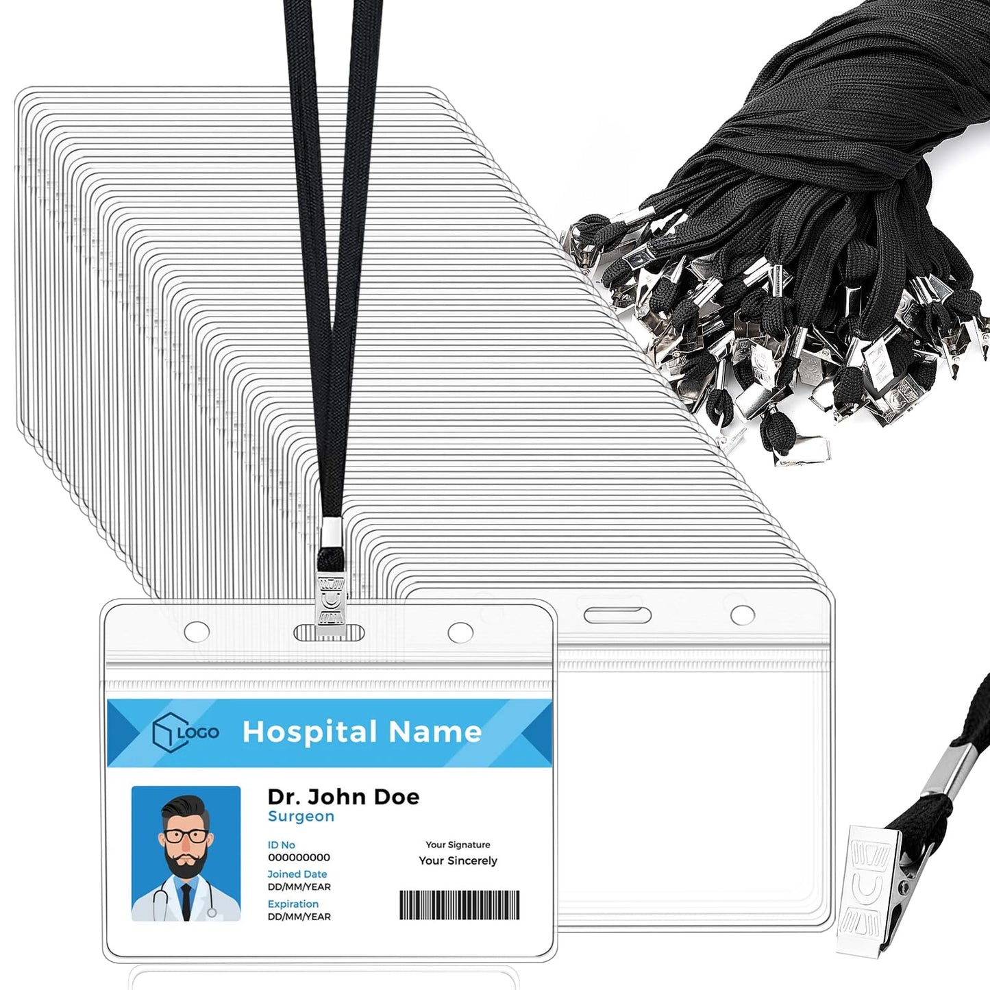 Lainballow 160 Pcs Lanyard with ID Holder, 80 Pcs Clear Plastic Horizontal Name Tag Holder with 80 Pcs Black Flat Neck Badge Lanyard, Badge Holder with Lanyards for Business Office School