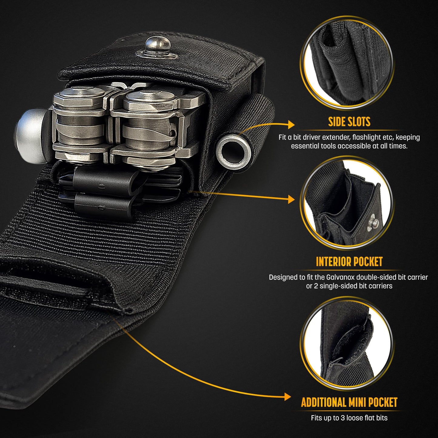 Galvanox Nylon Multi-Tool Sleeve with 21 Flat End Screwdriver Bits & Holder, Belt Pouch with Pockets and Bit Set Included, Compatible with Leatherman (4" to