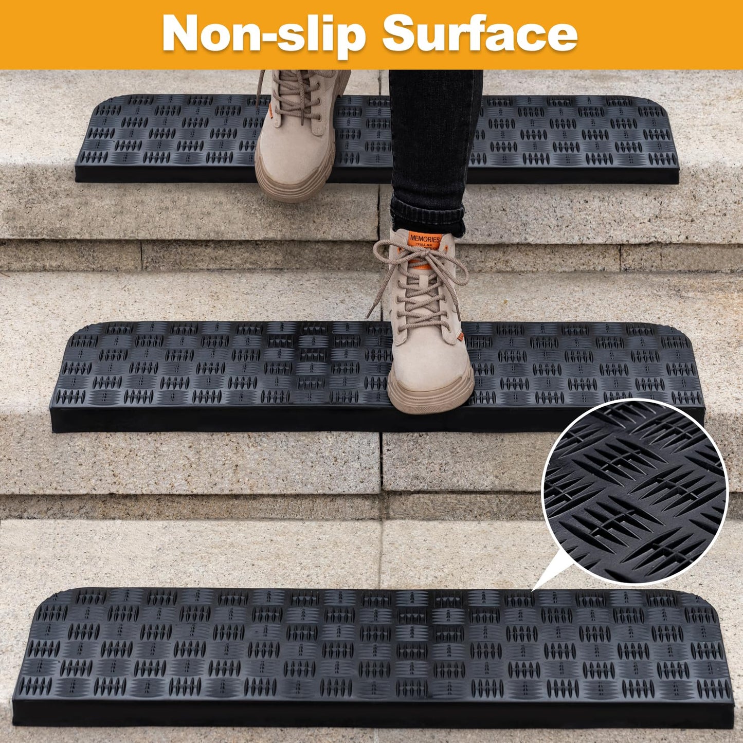 Rubber Stair Treads Non Slip Outdoor/Indoor 30" x 10" 6-Pack, Outdoor Stair Treads with Nosing for Garage, Patio, Wooden Marble Tile Metal Concrete Steps