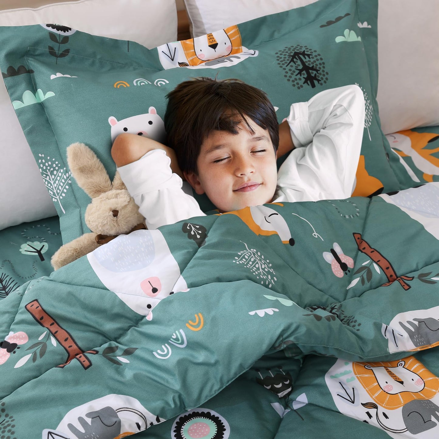 JSD Green Animal Forest Kids Comforter Set, 2 Pieces Twin Microfiber Comforter with Pillow Sham, Soft Comfortable Machine Washable
