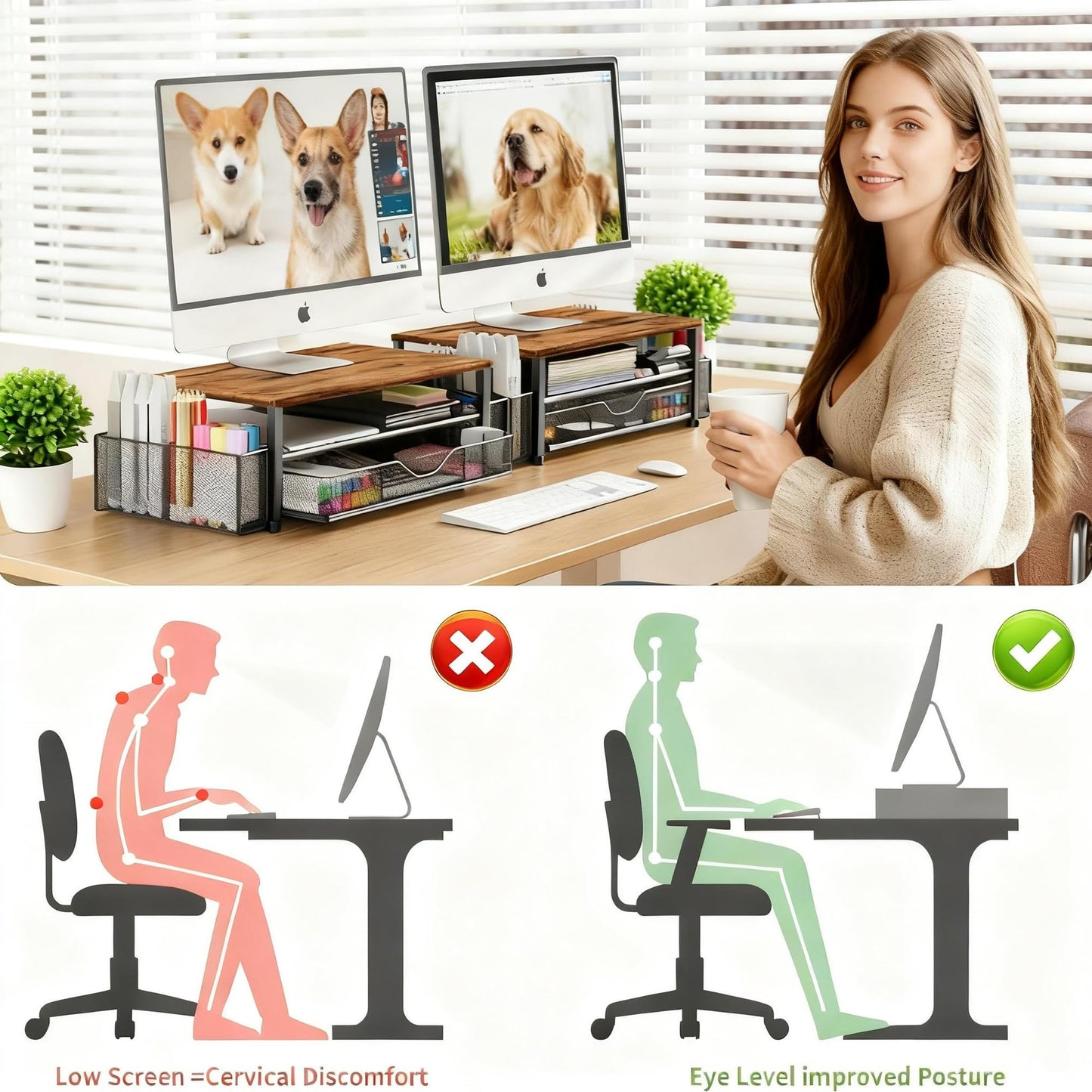Wood Monitor Stand with Drawer & 2 Pen Holders | 2-Tier Desktop Monitor Riser & Desk Organizer for Computer, Laptop | Desktop Stand for Home Office Accessories (Brown)