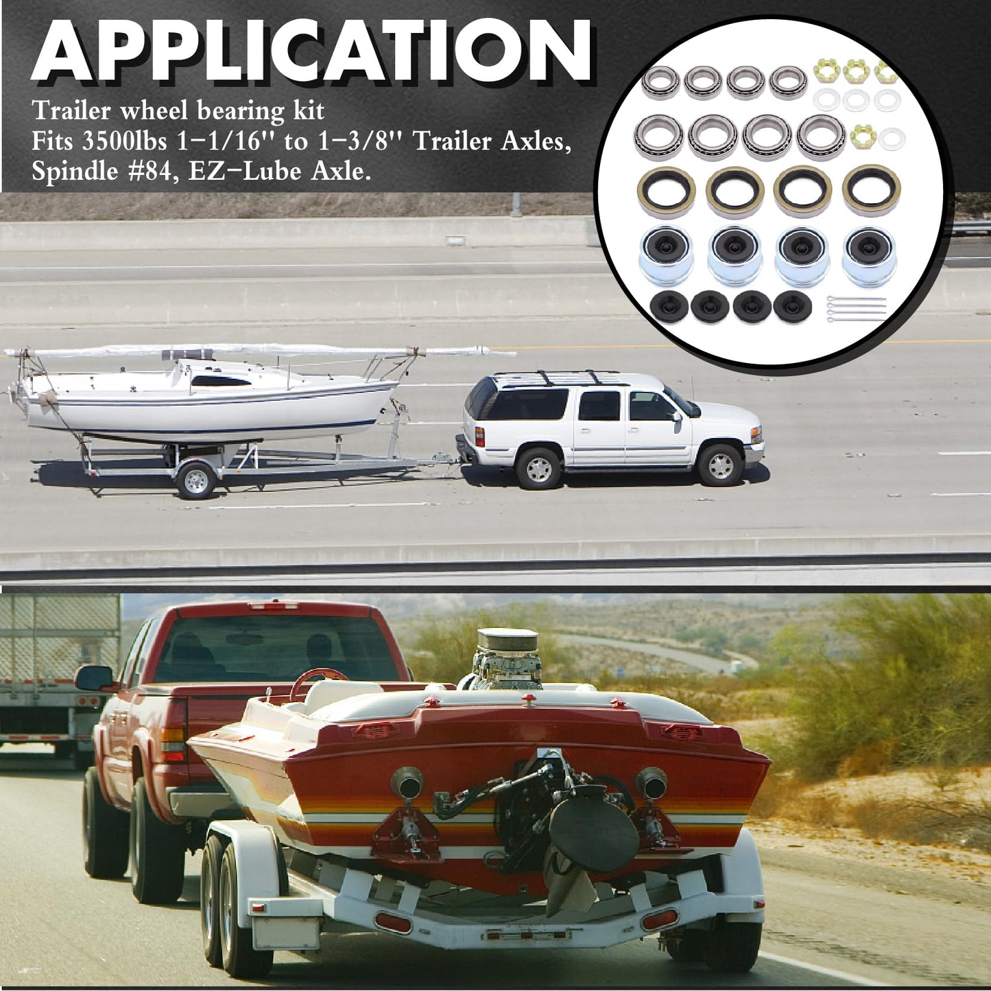 4 Sets L68149 L44649 Boat Trailer Axle Hub Bearing Kit, 171255TB/10-19 Grease Seals, 171255TB/10-19 Grease Seals, Spindle Nuts, 1.98" Dust Covers and Rubber Plugs, Cotter Pins,Washers for #84 Spindle