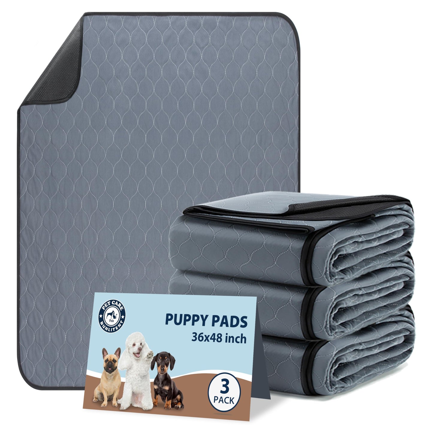 Bunlitent Washable Pee Pads for Dogs, 36x48 Reusable Puppy Pads with Fast Absorbent, Waterproof Reusable Pee Pads for Whelping, Traing, Incontinence and Potty, 3 Pack, Grey.