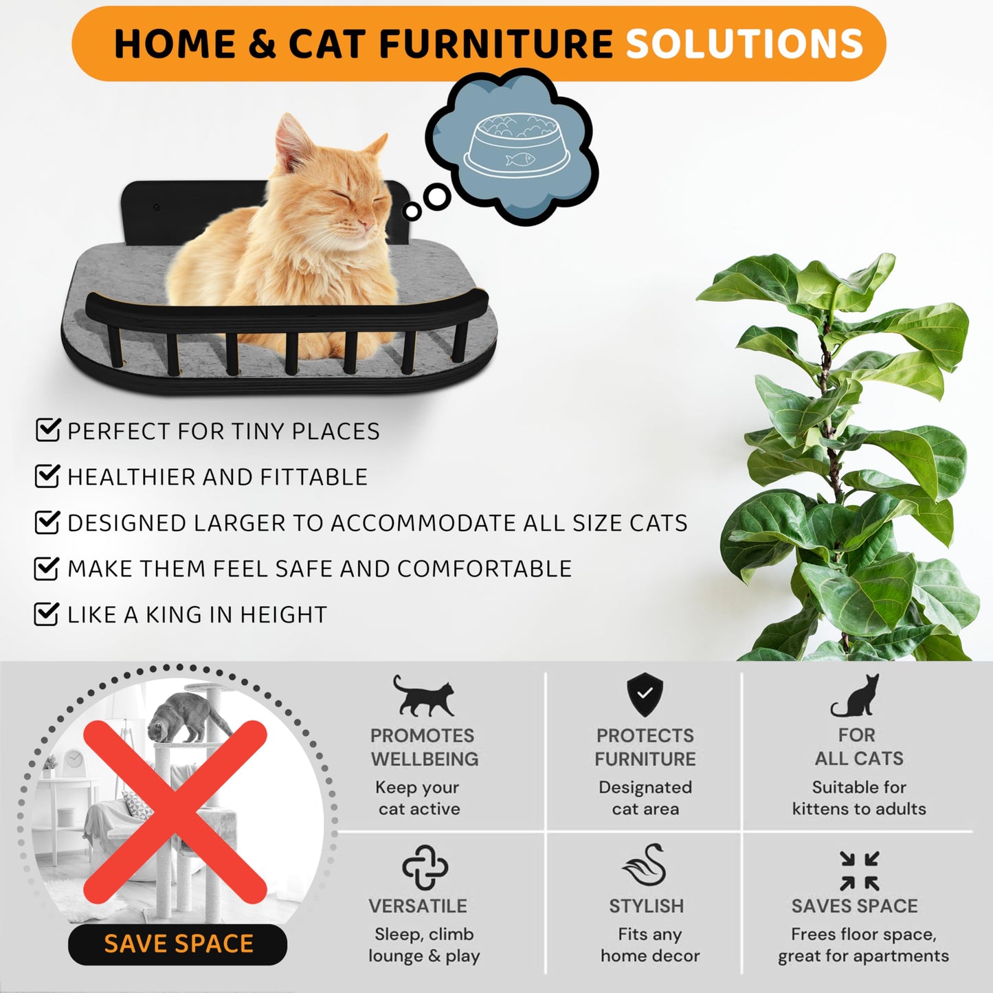 BUOGA Cat Wall Shelves with 3 Steps – Modern Mounted Cat Wall Furniture & Shelf, Premium Hardwood cat Bed for Climbing, Sleeping & Lounging, Indoor Hammock for Large Cats - Black