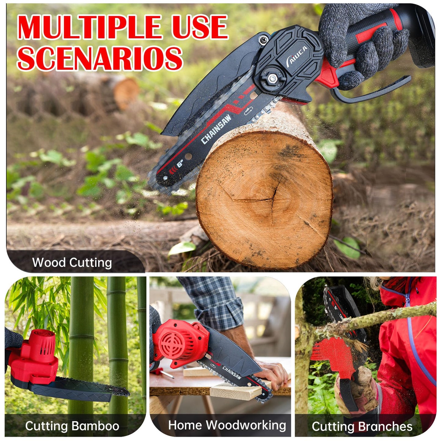 6-Inch Mini Chainsaw, Cordless Handheld Electric Chainsaw with 2X 24V 4000mAh Batteries & 2 Chains, Lightweight & Portable, for Tree Trimming, Wood Cutting, Gardening, Outdoor & Household Use