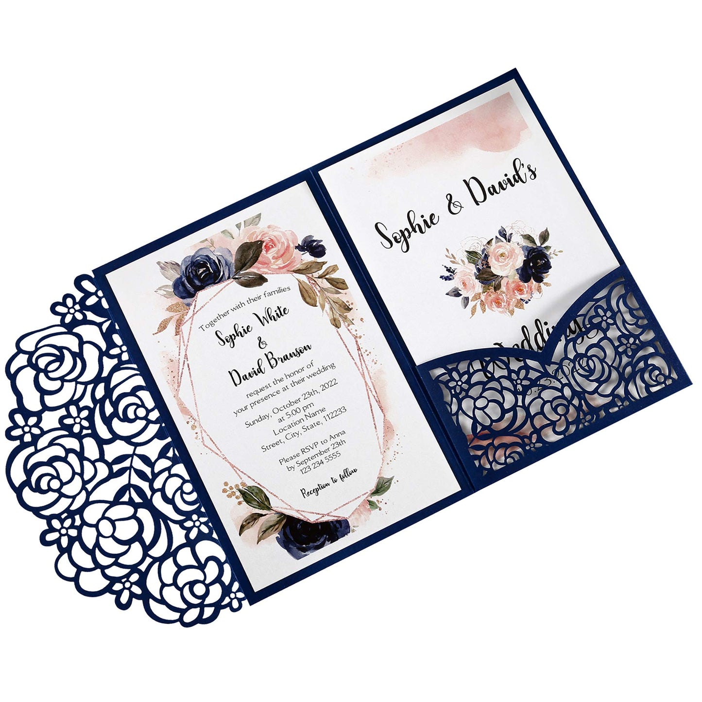 DreamBuilt 4.7 x7 inch 50PCS Blank Navy Blue Wedding Invitations Kit Laser Cut Hollow Rose Pocket Wedding Invitation Cards with Envelopes for Wedding Bridal Shower Engagement Invite