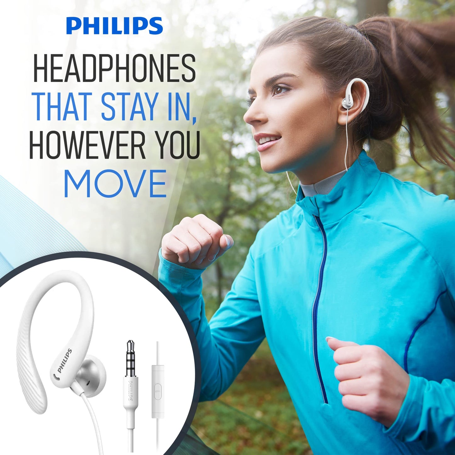 PHILIPS Over The Ear Earbuds, Flexible Wrap Around Earbuds, Around Ear Headphones with Mic Behind The Ear Headphones, Perfect for Sports, Running, Exercise, Gym (White)