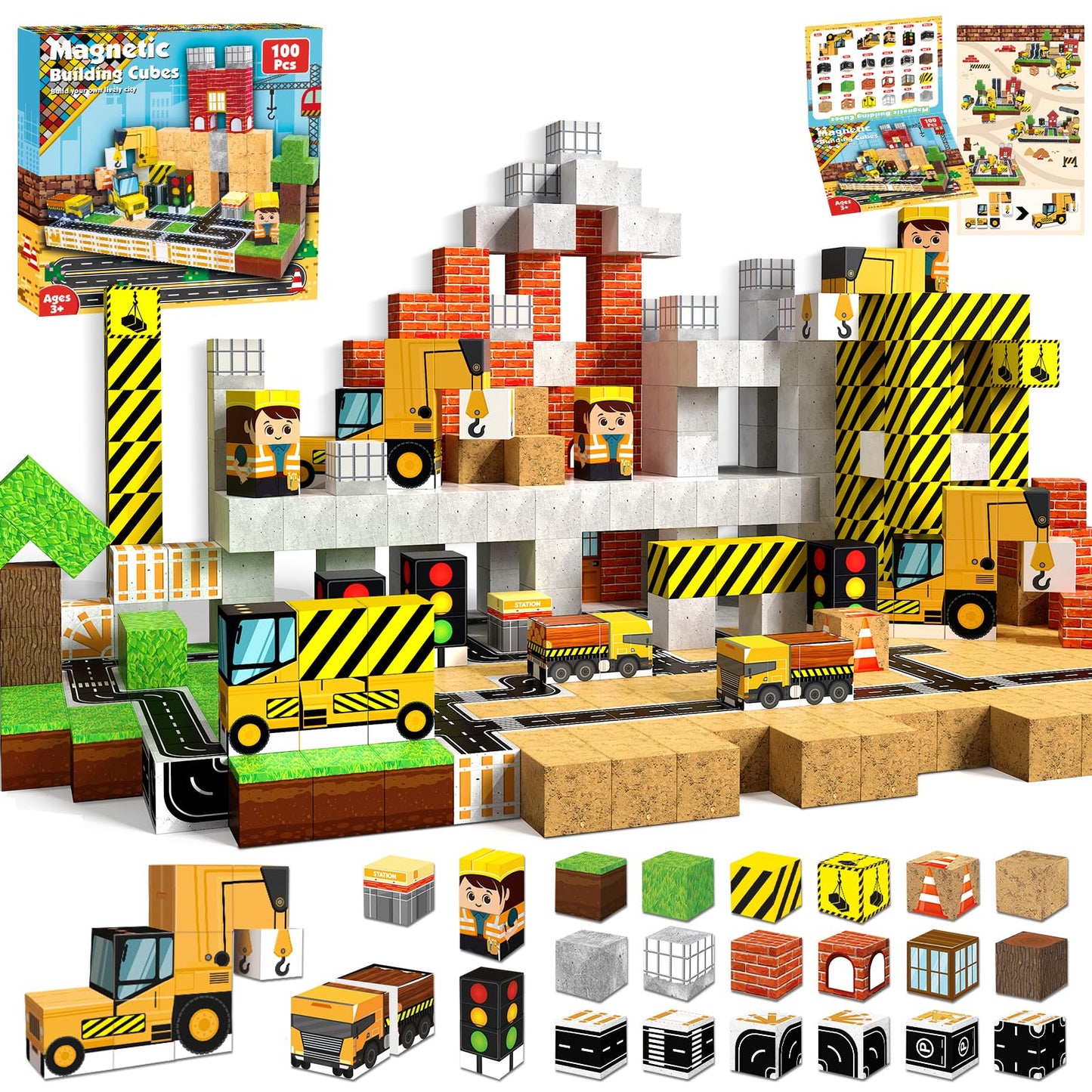 Annexfun 100PCS Magnetic Building Blocks, Road Construction Toy Magnetic Cubes with Car for Kids, STEM Learning Toys Christmas Birthday Easter Gifts for 3 4 5 6 7 8 9 Year Oold Boys Girls Building Toy