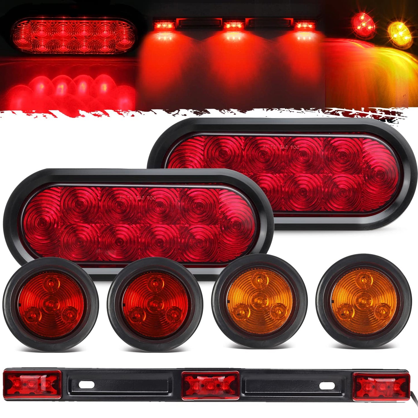 Partsam 12v LED Truck Trailer Light Kit Waterproof,2x 6" Oval Red Stop Turn Tail Brake Lights+14.17" Red 3 Light 9 LED Stainless Steel ID Light Bar+(2xRed+2xAmber) 2" Round 4 LED Side Marker Lamps