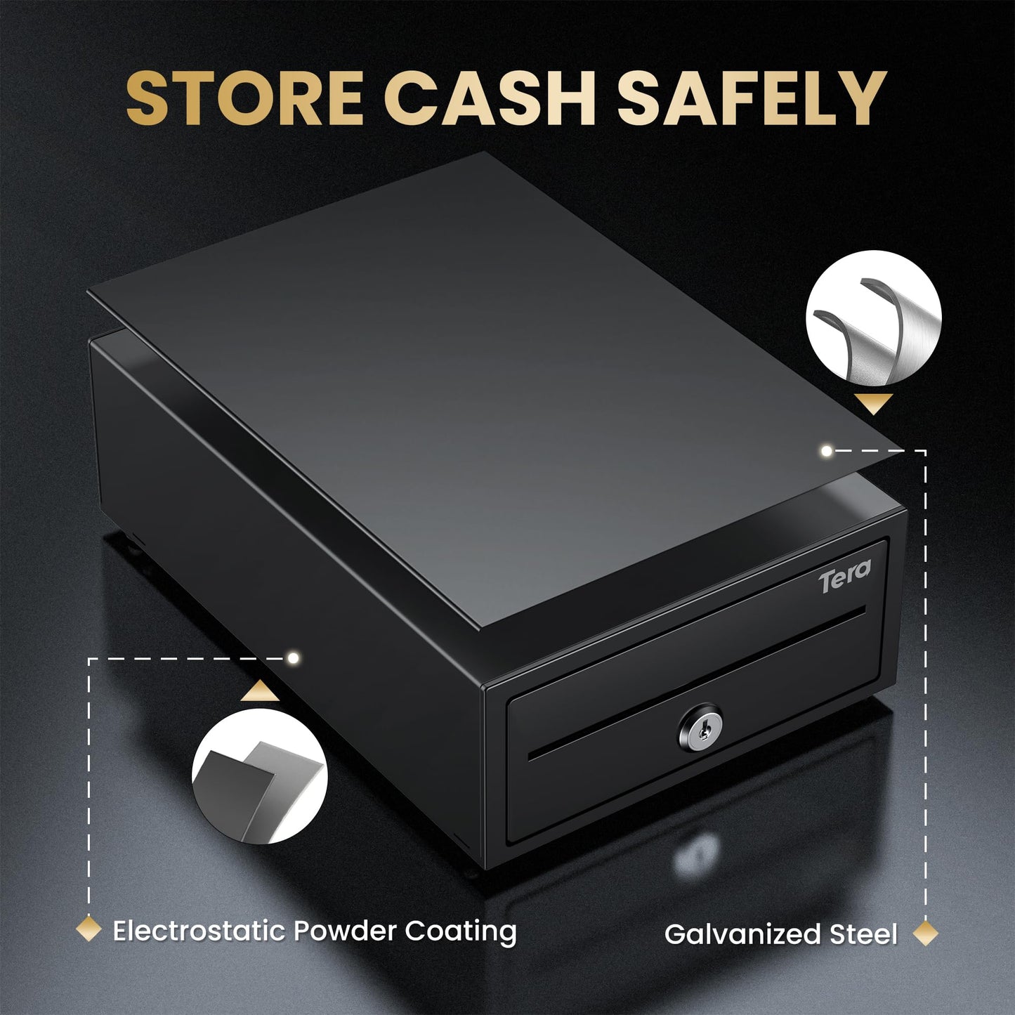 Tera Cash Register Drawer 8" Mini: 4 Bill 6 Coin Small Cash Drawer Auto Open with Media Slot 24V RJ12 Cable for POS System Key-Lock Removable Coin Separators for Small Business Retail Counter 208