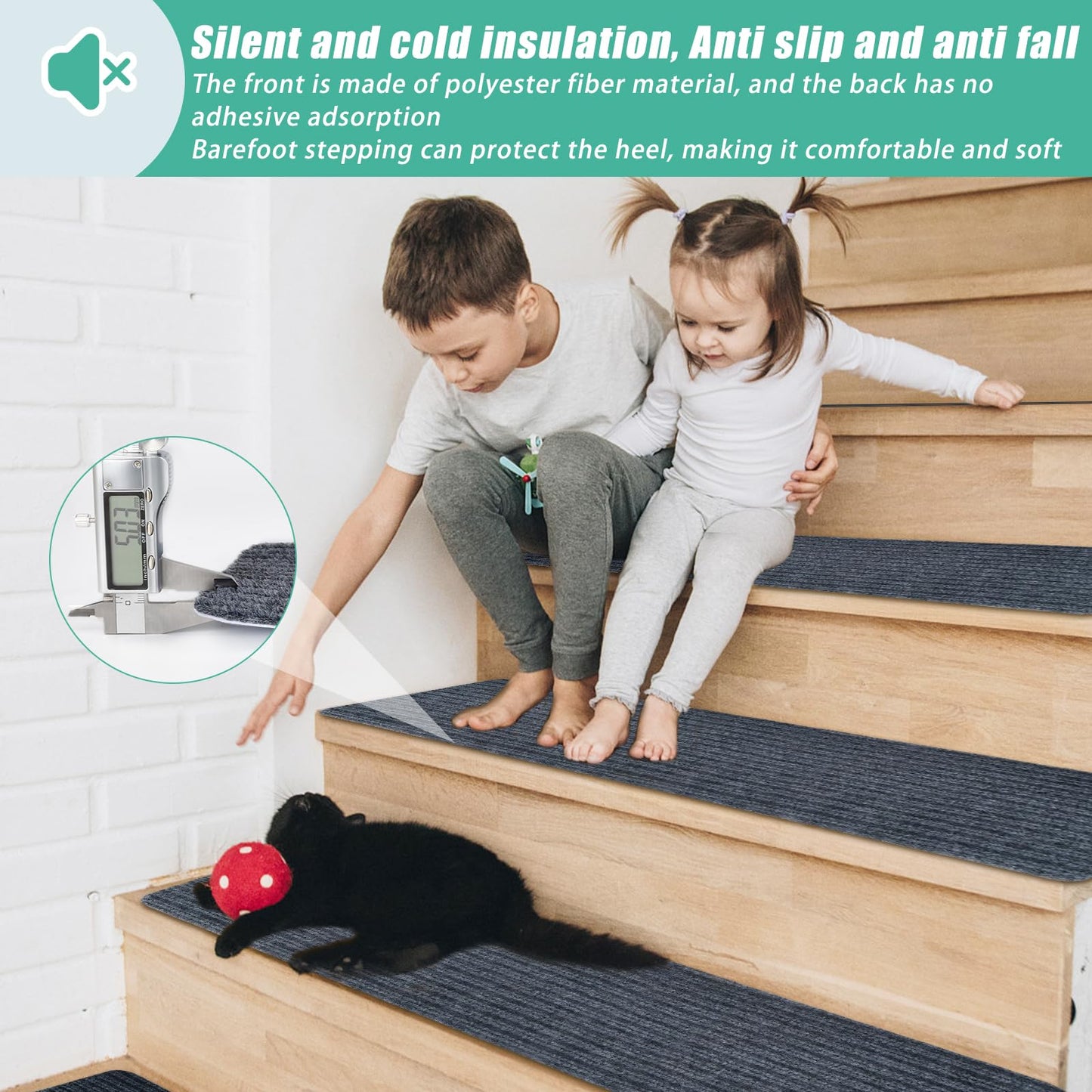 15 Sets of 8''x30 Non Slip Stair Treads Indoor,Children, Elderly, and Pets Carpet Stair Treads, Stair Runners for Wooden Steps,Reusable Adhesive Free Self-Adhesive Staircase Pad,Dark Grey