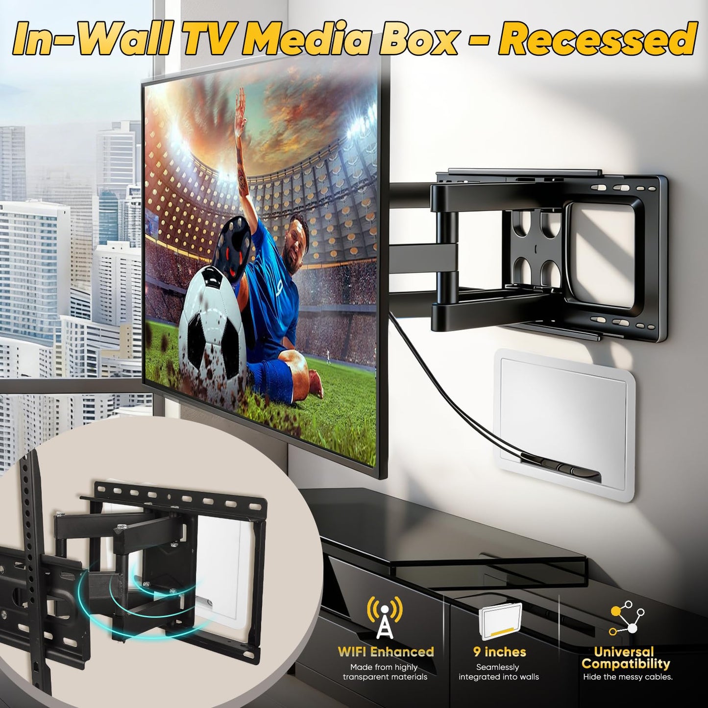 9" in-Wall TV Media Box - Recessed Outlet & Network Enclosure for Wall Mount TV Compatible with Apple, Fire Stick, Samsung One Connect Mini WiFi Friendly Recessed TV Outlet Box