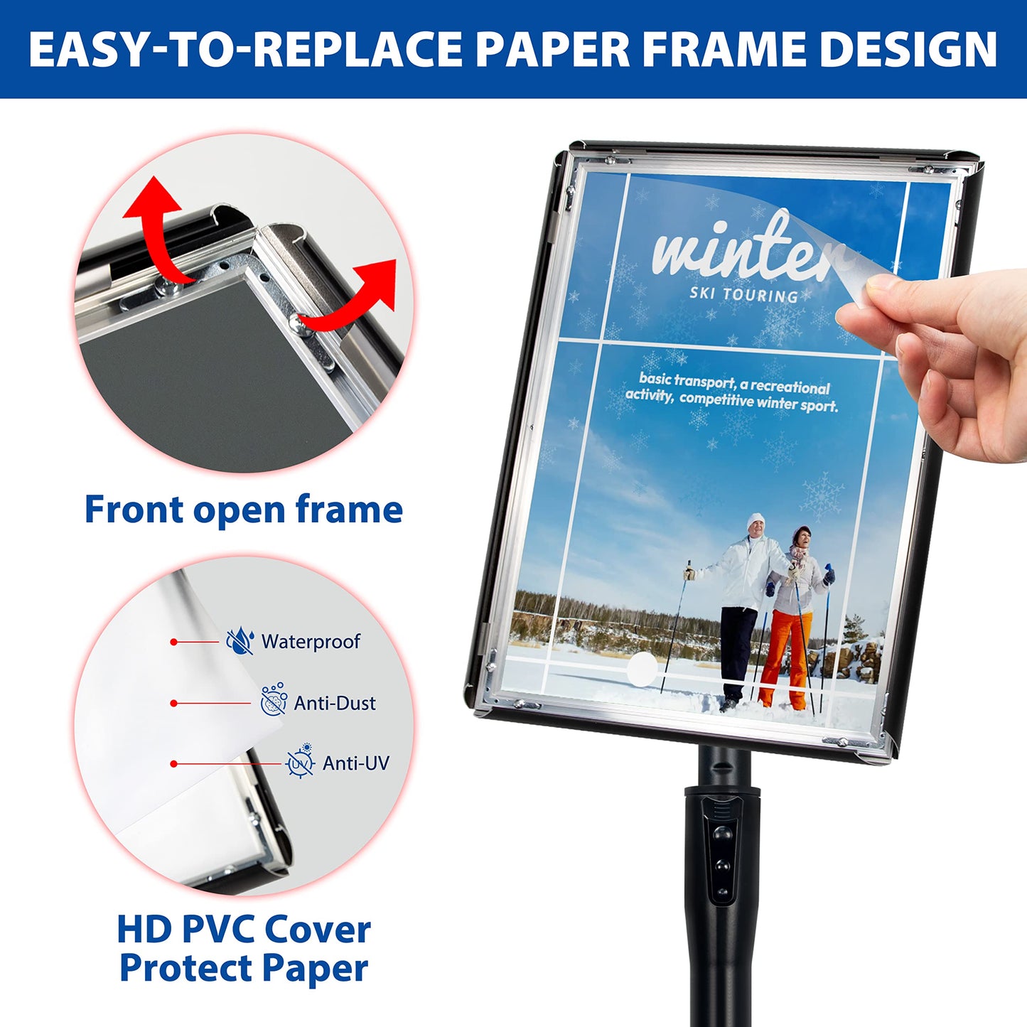 VAIIGO 2Pack 8.5x11 Inch Adjustable Pedestal Poster Sign Stand, Heavy Duty Floor Standing Sign Holder Stand Aluminum Snap Open Frame for Vertical and Horizontal View Sign Displayed(Black)