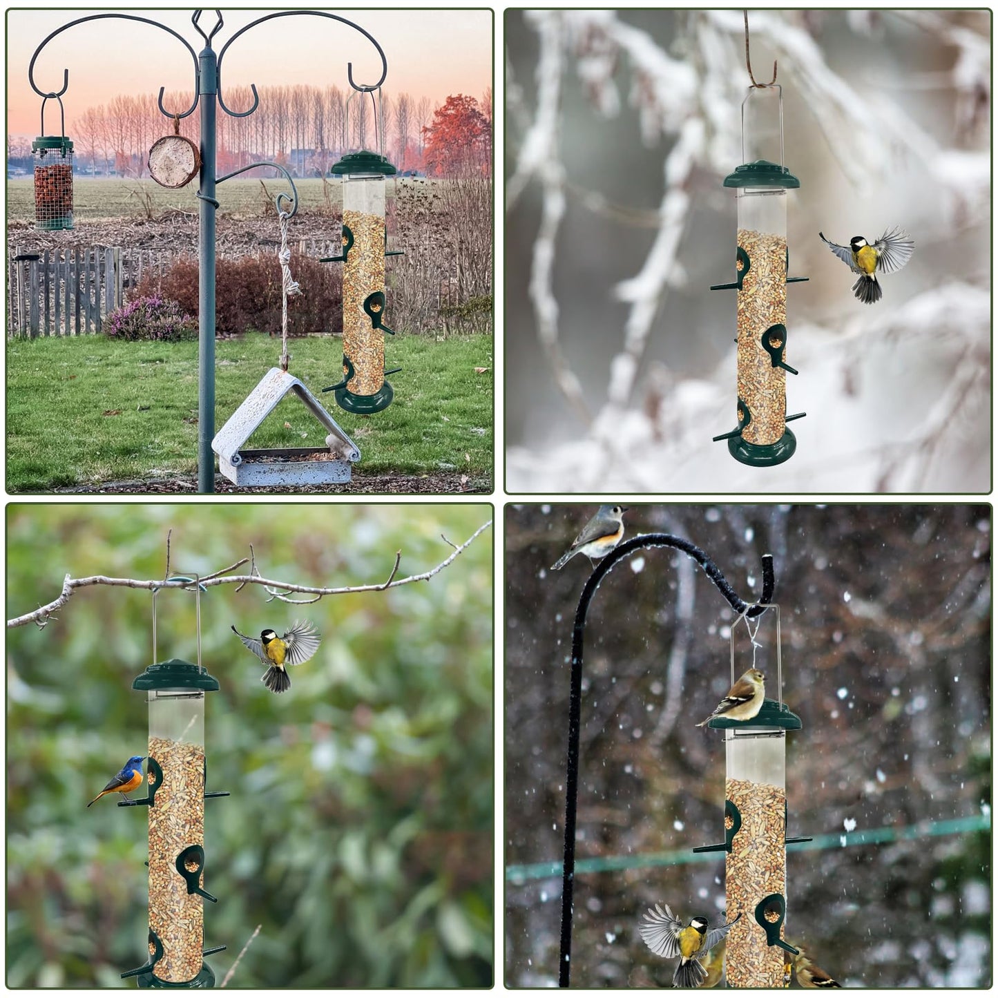 2Pack Metal Bird Feeders Hanging Tube for Garden – Wild Bird Seed Feeder with 6 Feeding Ports, Steel Hanger, Weatherproof Hanging Bird Feeder for Small Birds, Niger Seeds & More