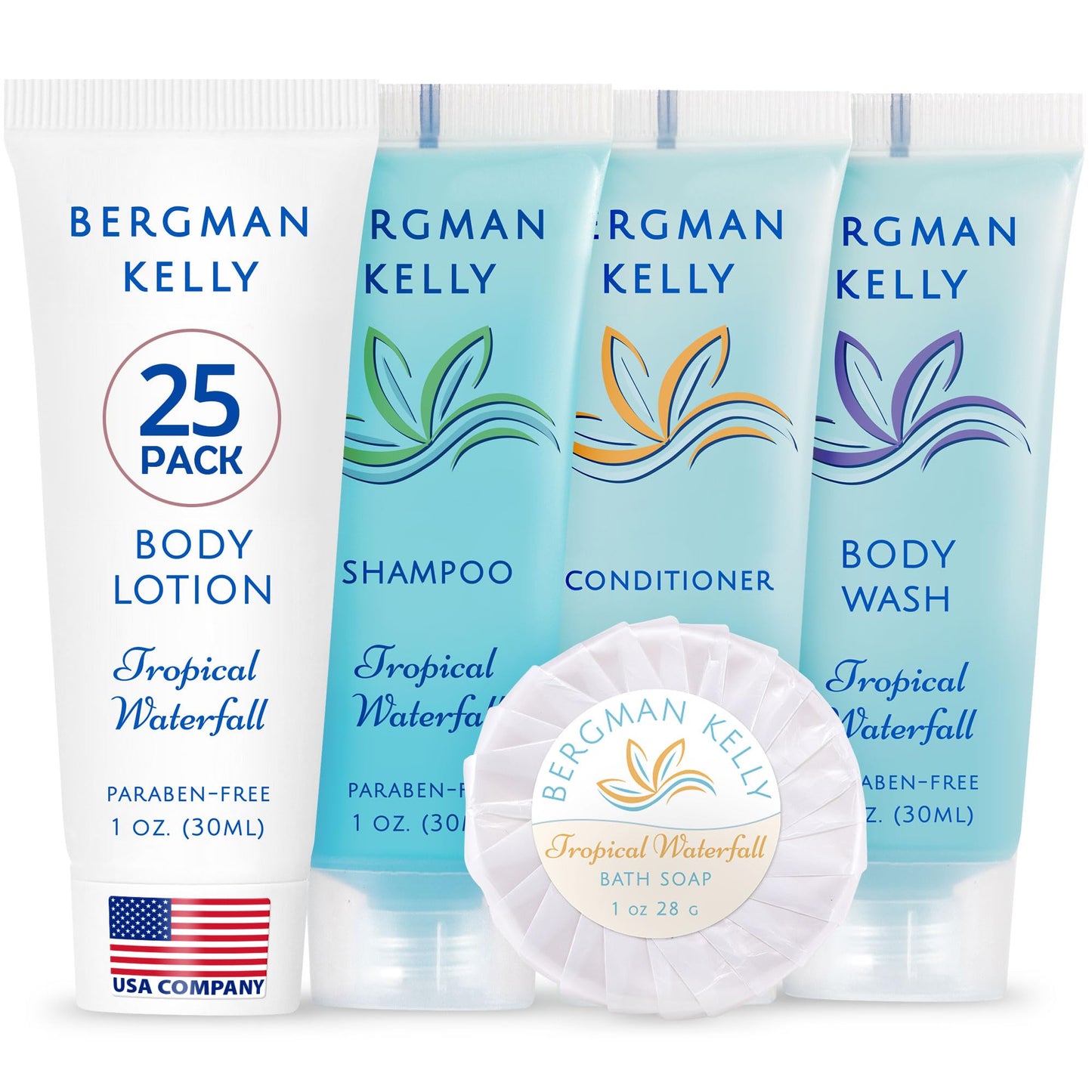 Bergman Kelly - Hotel Toiletries Bundle - Tropical Waterfall, 30 ml ea, 125 Pcs - 5-Piece Set: 25 Round Bar Soap, 25 Shampoo, 25 Conditioner, 25 Body Lotion & 25 Body Wash - Bulk Mini Guest Amenities