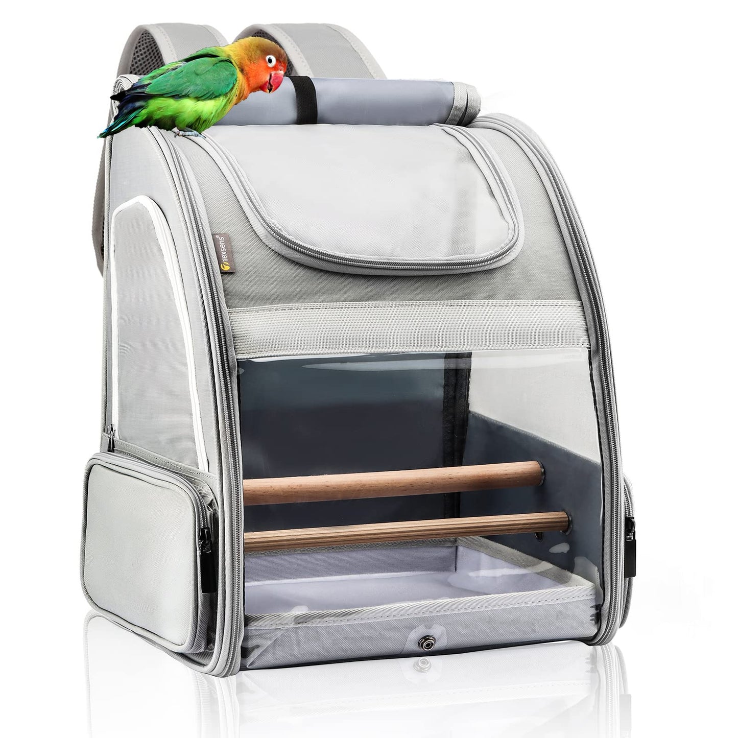 Texsens Bird Carrier Backpack - Pet Travel Cage with Upgraded Tray and Standing Perch, Breathable & Portable, for Small Birds, Green Cheek, Cockatiel, Parrot (Grey)