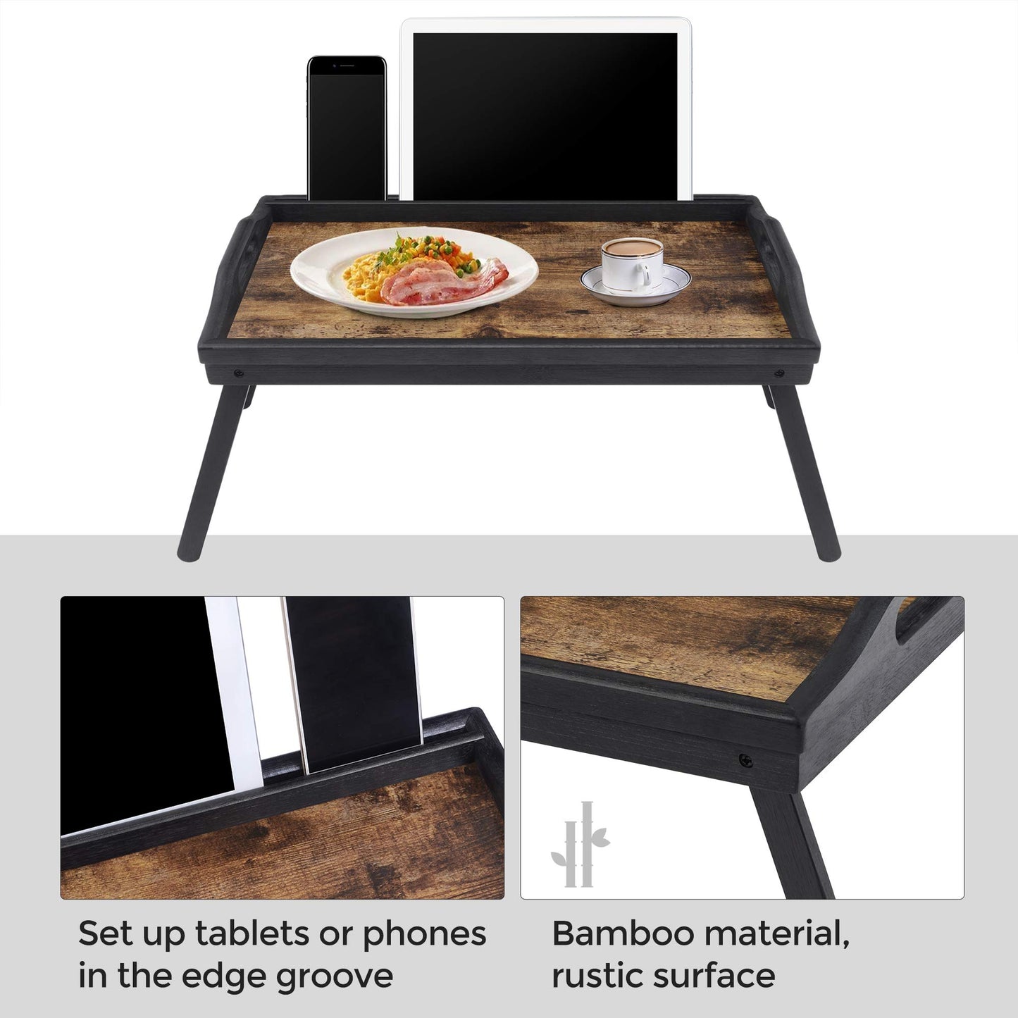 SONGMICS Bed Tray Table with Bamboo Folding Legs, Breakfast Tray for Sofa, Rustic Brown ULLD111B01
