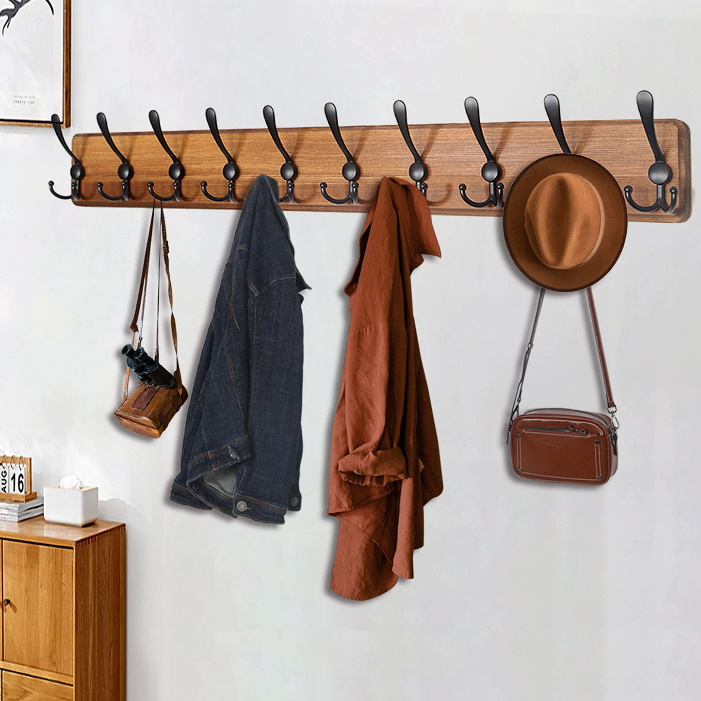 WEBI Coat Rack Wall Mount,38 9/16'' Long,10 Hooks,Coat Hooks Wall Mounted,Coat Hanger Wall,Wood Hook Rack Rail,Triple Hooks for Hanging Coats,Clothes,Jacket
