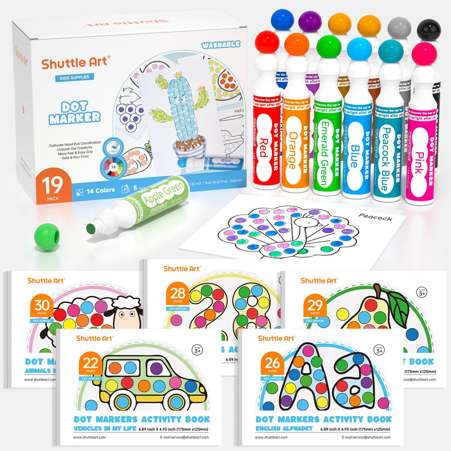 Shuttle Art Dot Markers, 14 Colors Bingo Daubers with 135 Patterns, 5 Activity Books, Educational Set With Art Activities,Non-Toxic Washable Coloring Markers