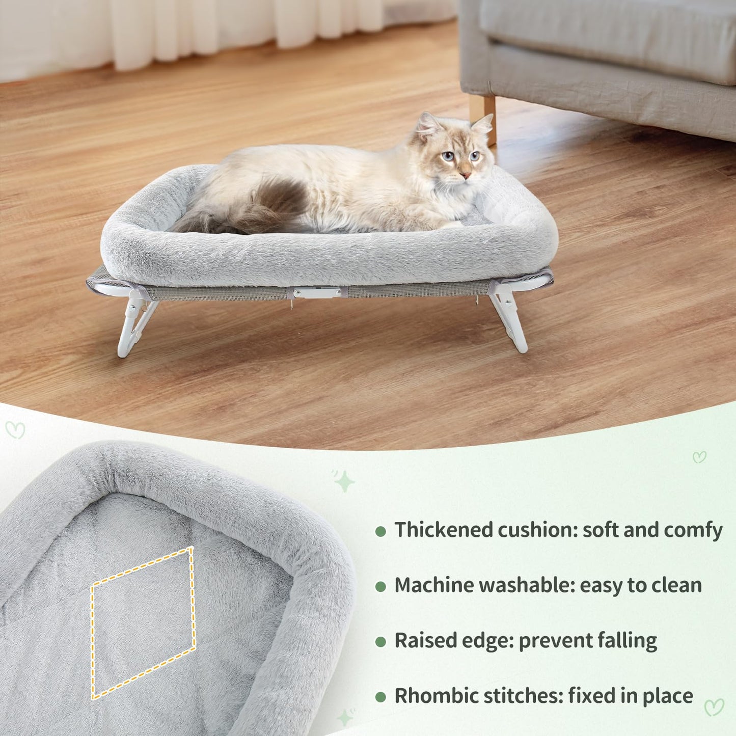 Sunhoo Cat Bed Elevated Hammock for Indoor Cats Raised Small Dog Bed Foldable Large Pet Cot Puppy Chair with Washable Cushion Outdoor Hamac Lit Pour Chat 25.2x15.75x7.48 in Easy Assembly(Grey)