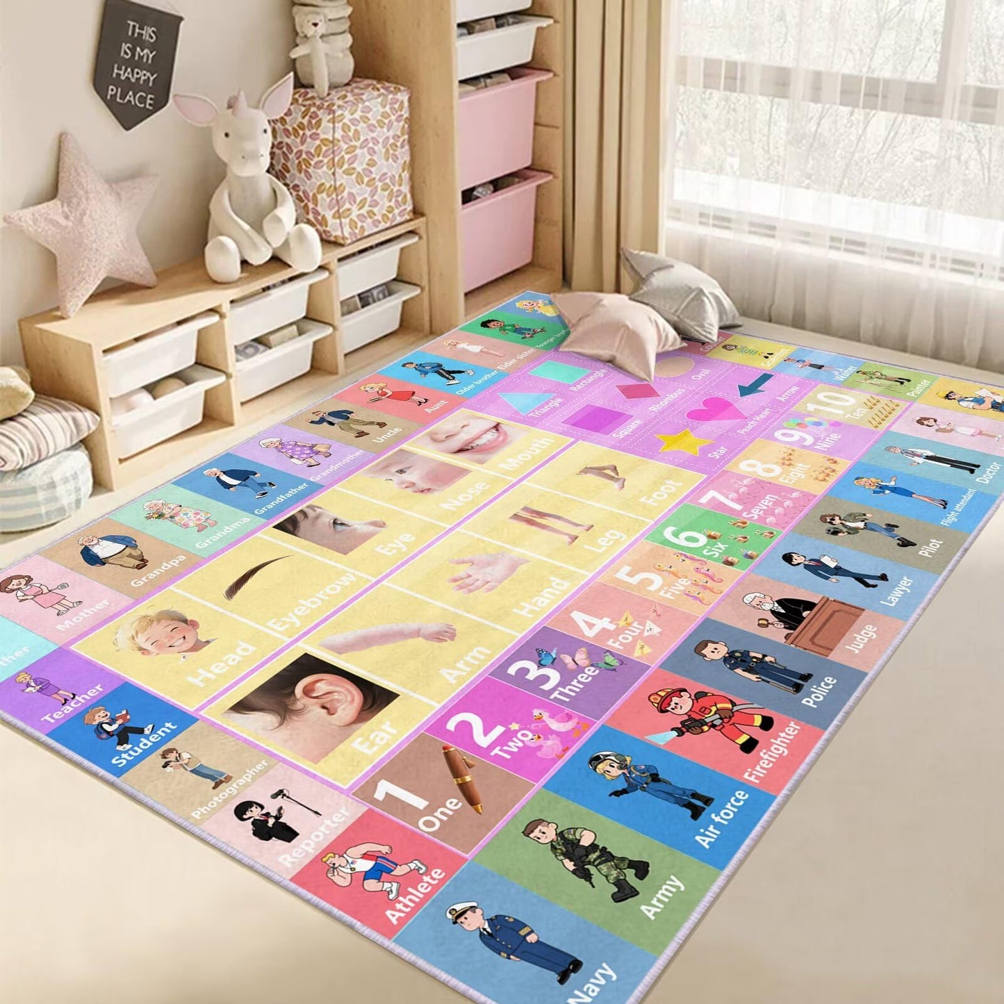 Alphabet Rug 47x71 Inch - Body Parts & Professions Educational Mat, Non-Slip Preschool Learning Carpet for Classroom & Daycare