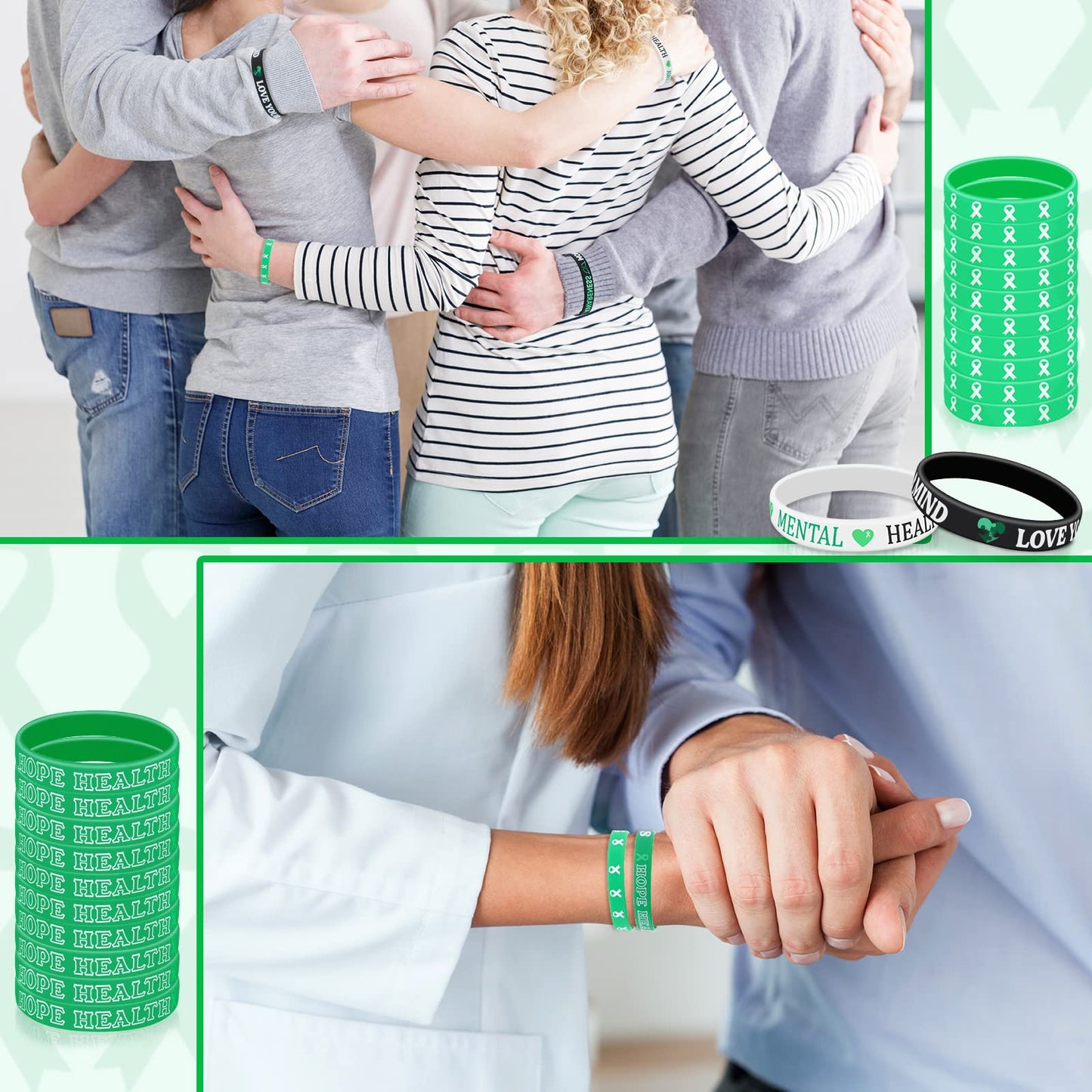 Wettarn 150 Pcs Mental Health Awareness Bracelet Bulk Green Awareness Ribbon Silicone Bracelets Rubber Motivational Wristbands Mental Health Gifts with Inspirational Saying for Women Men, 5 Styles