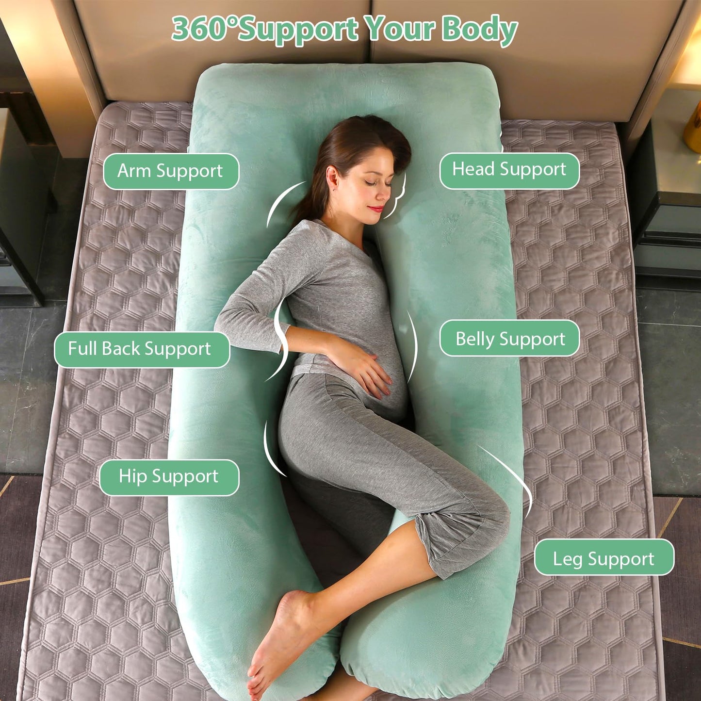 Amagoing 55 inches Pregnancy Pillows for Sleeping, U Shaped Maternity Full Body Pillow for Pregnant Women with Hip, Leg, Back, Belly Support, Washable Velet Cover Included (Velvet Mint Green)
