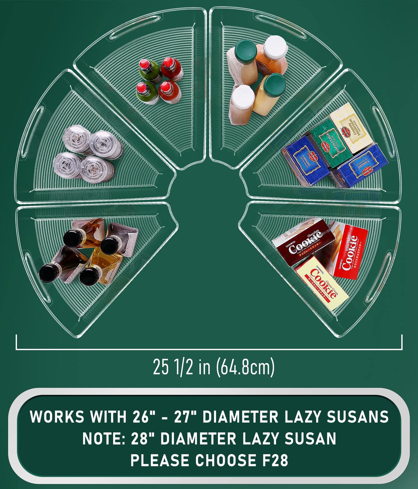 JEISSLIA Lazy Susan Cabinet Organizer Bins for 26"/ 28"/ 32" Diameter Corner Lazy Susan, Plastic Cabinet Storage Bin, 1/8 Wedge-Food Safe, BPA Free, with Non-Slip Pads (for 26" Diameter, 6 Pack)