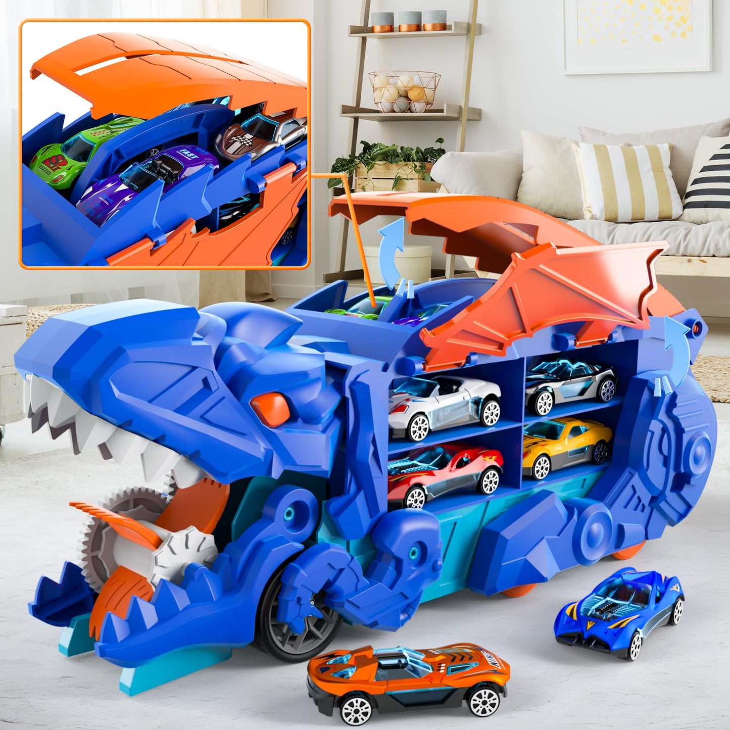 Toddler Dinosaur Truck Toys for 3 4 5 6 Years Old Boys, Cars Track Set Dinosaur Transporter Truck with 10 Die-Cast Cars, Transforms into Dino, Toddler Toys Set for Kids Boys Girls