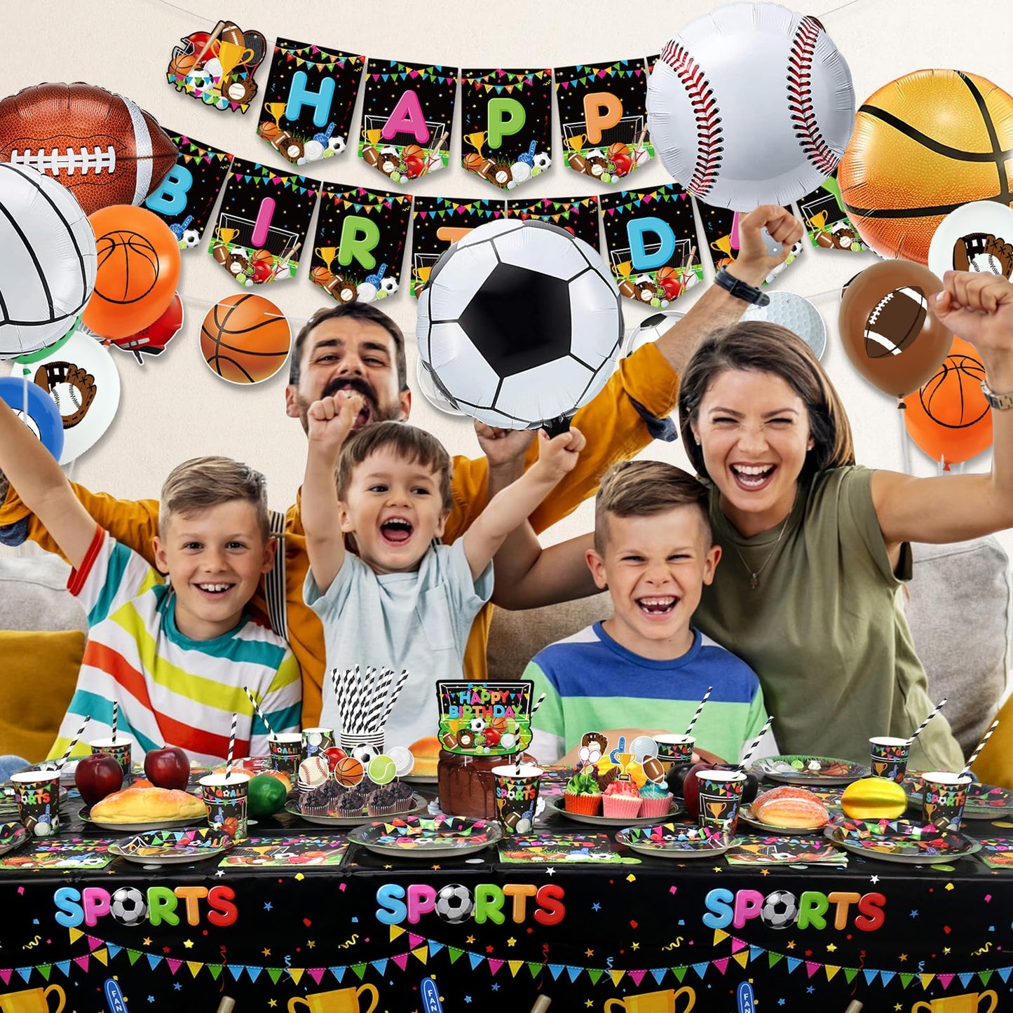 Sports Theme Birthday Party Decorations - Including Happy Birthday Banner, Tablecloth, Tableware and Balloons, Soccer Basketball Baseball Football Theme Party Supplies for Kids and Adult, Serves 20