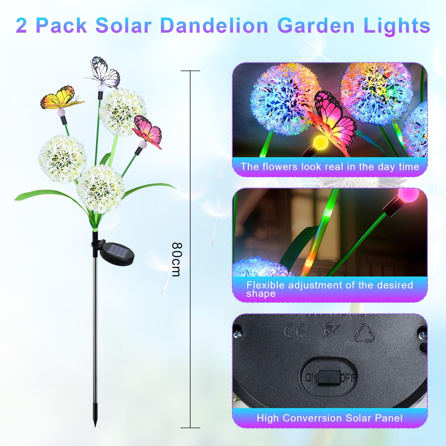 Ninonly Solar Lights Outdoor Garden, 2 Pack Dandelion with Butterfly Lights, Waterproof Solar Powered Garden Pathway Light Outdoor, Bright LED Ornaments for Yard Lawn Patio Decoration