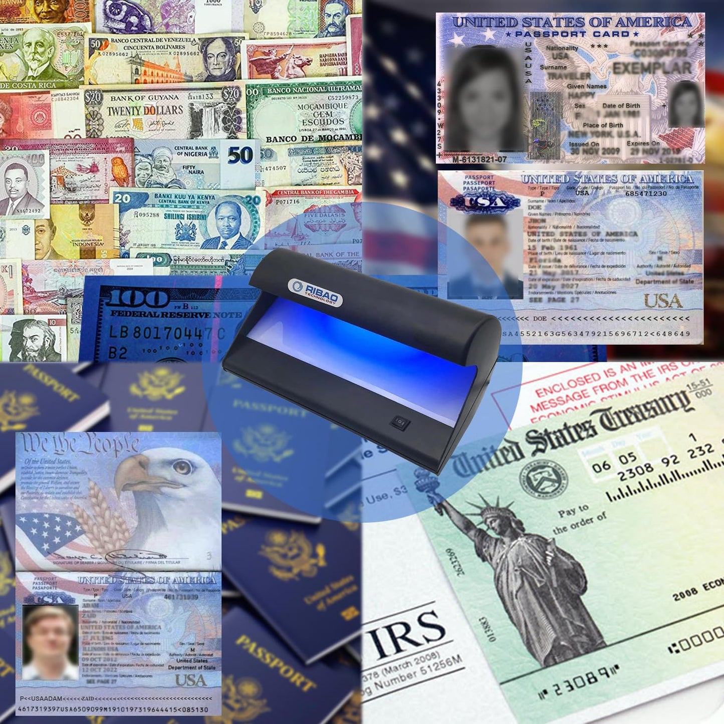 Ribao SLD-16 Bill Detector with UV and Watermark Counterfeit Detection, Money Checker, ID Card/Passport Identification and verification, Business and Office use