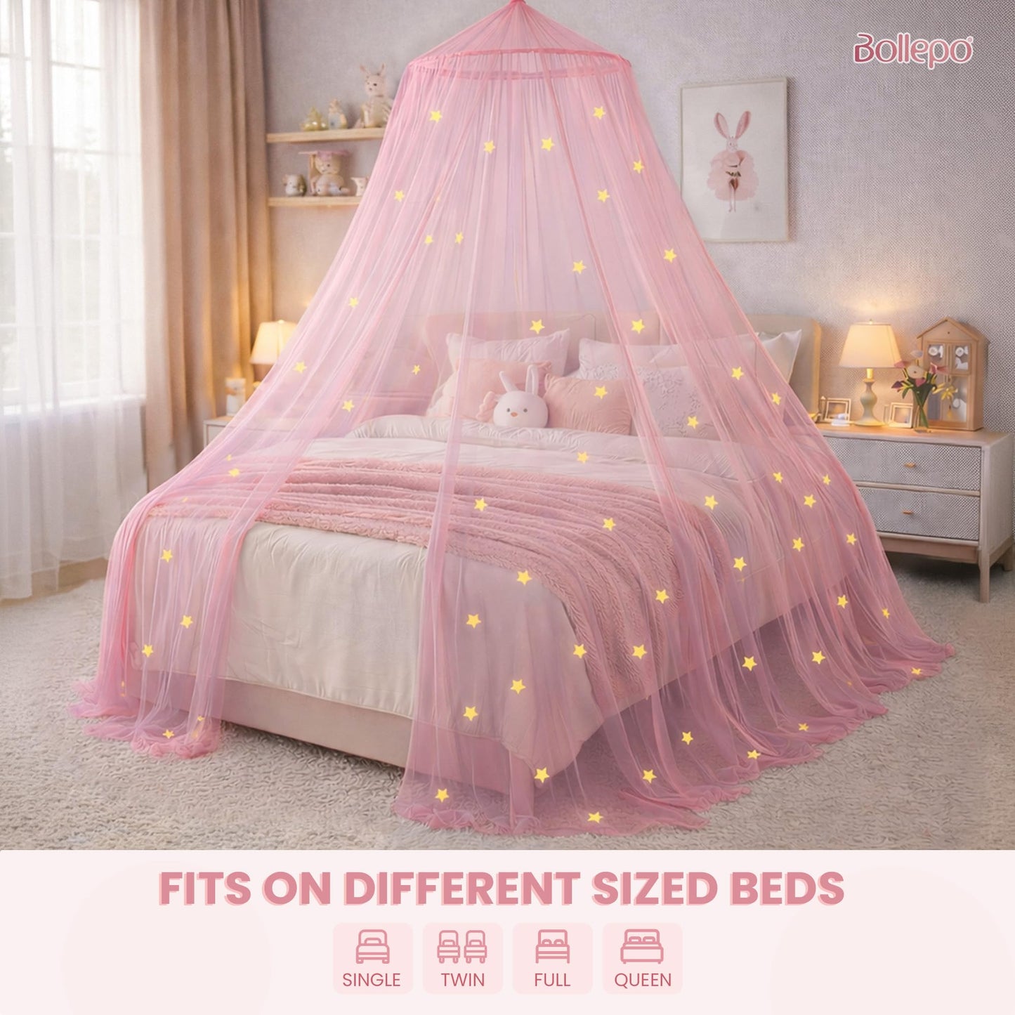 Bed Canopy for Girls with Glowing Stars - Princess Pink Baby Canopy For Bed, Netting Room Decor, Ceiling Tent, Canopy for Crib | Single, Twin, Full, Queen Size Kids Bed Curtains, Fire Retardant Fabric