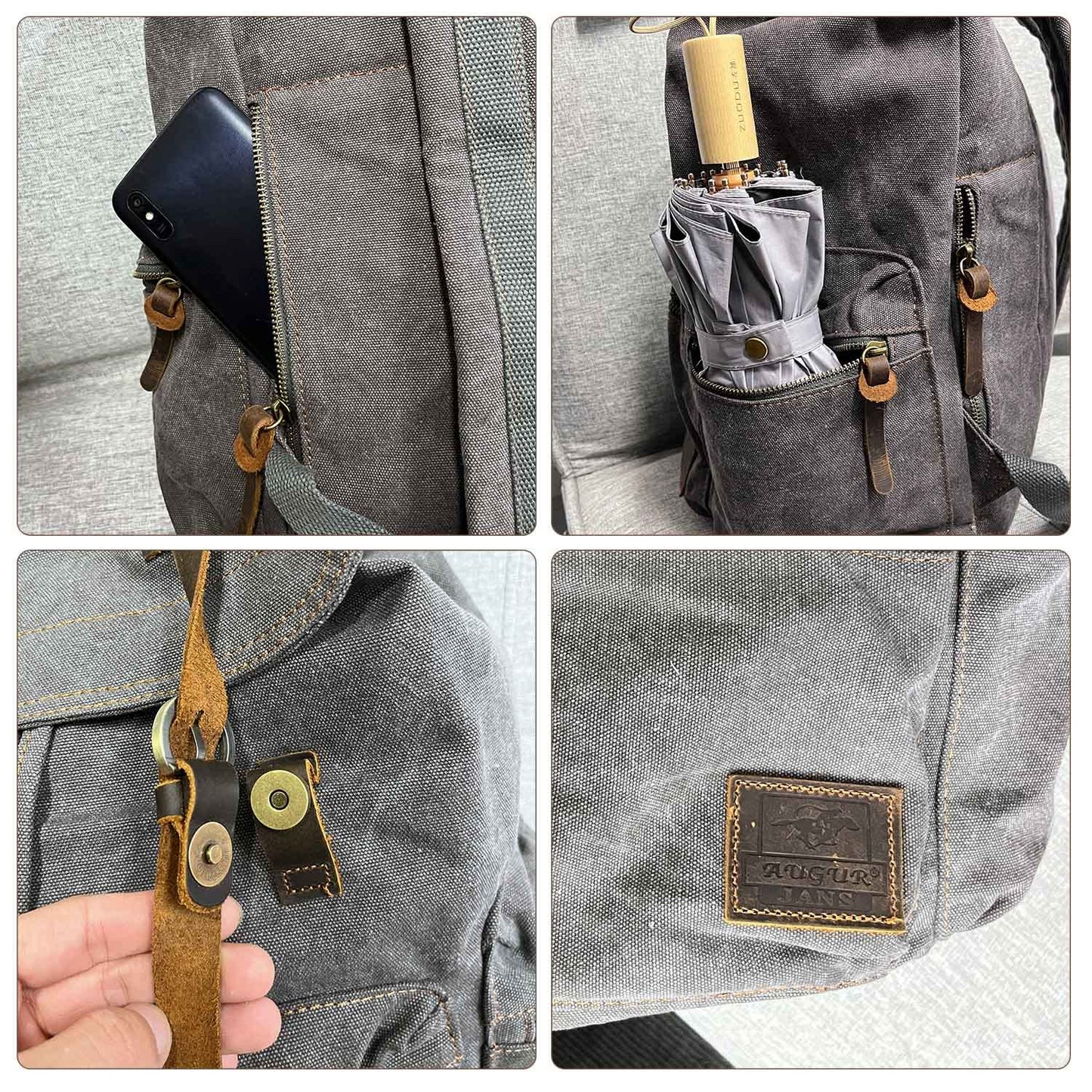 AUGUR Canvas Laptop Backpack, 17 inch Laptop Backpack Unisex Vintage Leather Casual School College Bags Bookbag Hiking Travel Rucksack Business Daypack (L-Grey)