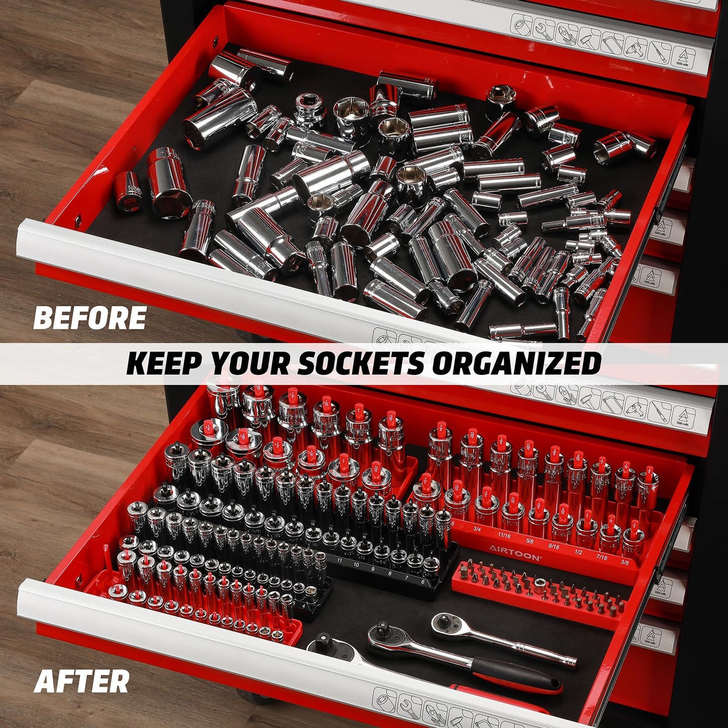 AIRTOON 8-Piece Socket Organizer Trays, SAE and Metric Socket Tray Set, 1/4", 3/8", and 1/2" Drive Deep and Standard Socket Holders Organizers for Toolbox, Black & Red