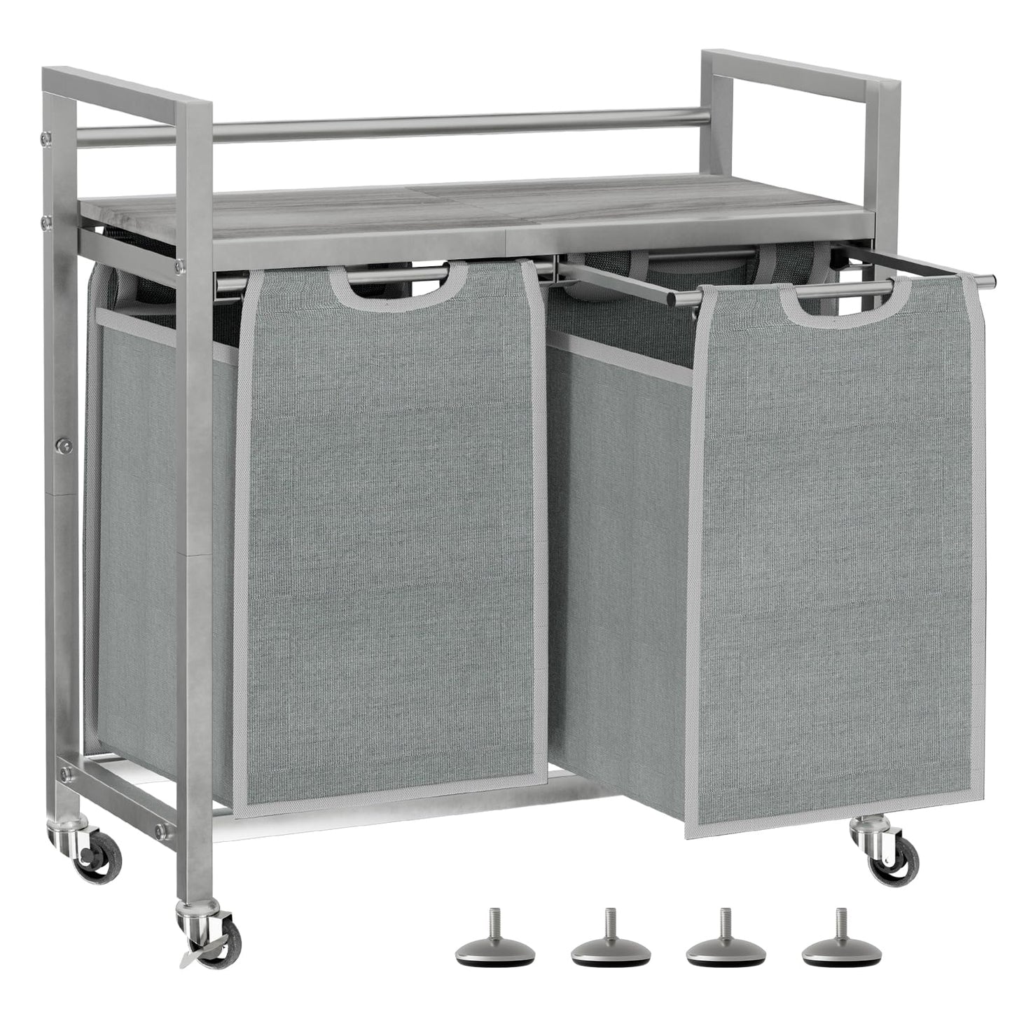 SwaaVee Laundry Hamper Basket, Laundry Sorter with 2 Removable Bags, Clothes Basket with 2 Compartments, Wheels, Shelf for Laundry Room Bathroom Bedroom (2 Bags-Grey)