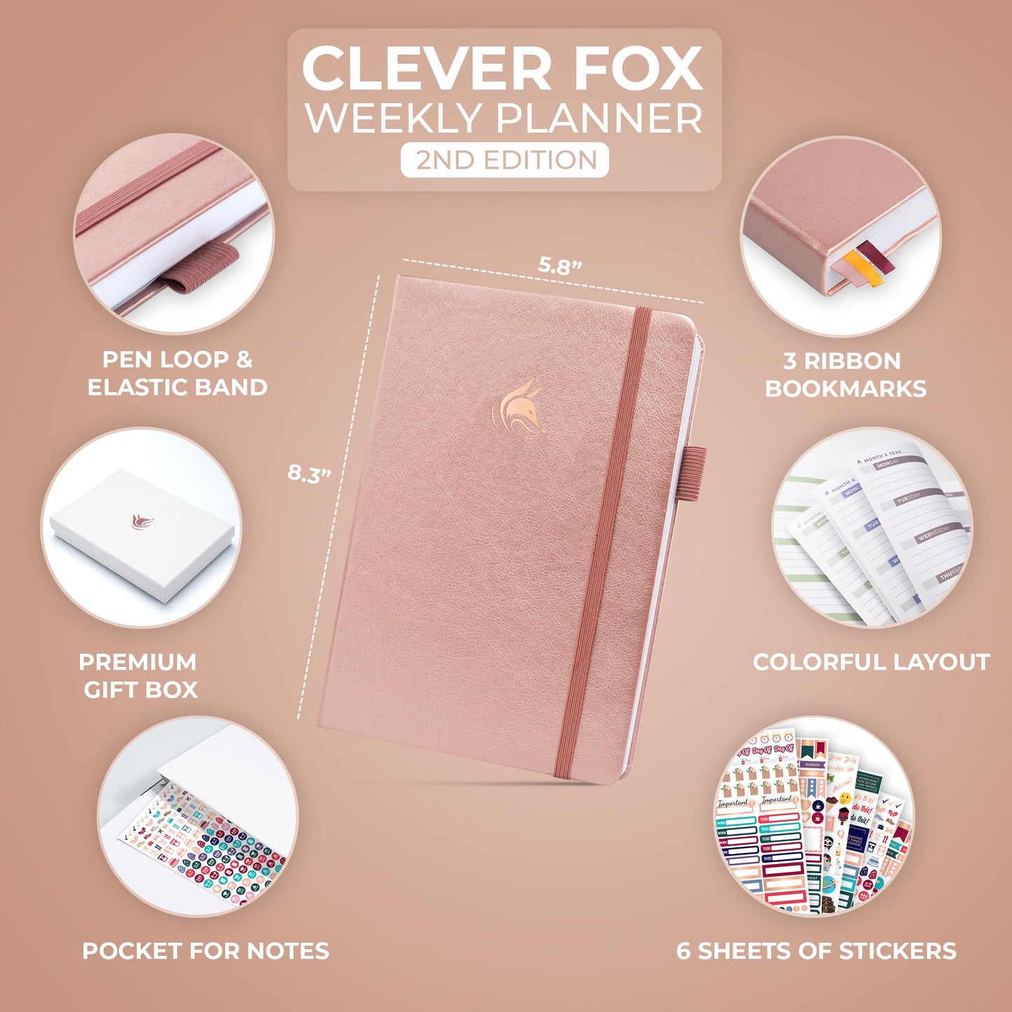 Clever Fox Planner 2nd Edition – Colorful Weekly & Monthly Goal Setting Planner, Habit Trackers, Time Management and Productivity Organizer, Gratitude Journal, Undated, A5, Lasts 1 Year – Rose Gold