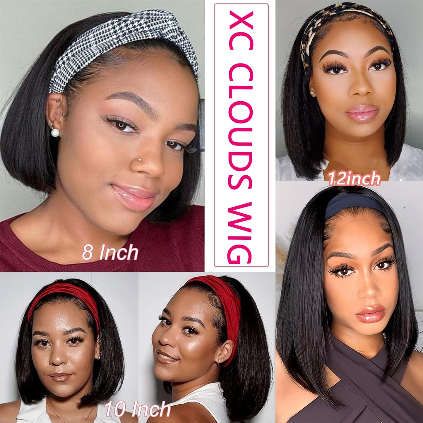 Headband Wigs Human Hair 12 Inch Bob Headband Wigs For Black Women Wear And Go Short Bob Wigs Glueless Wigs Human Hair Natural Black Headband Wig Human Hair Straight 150% Density