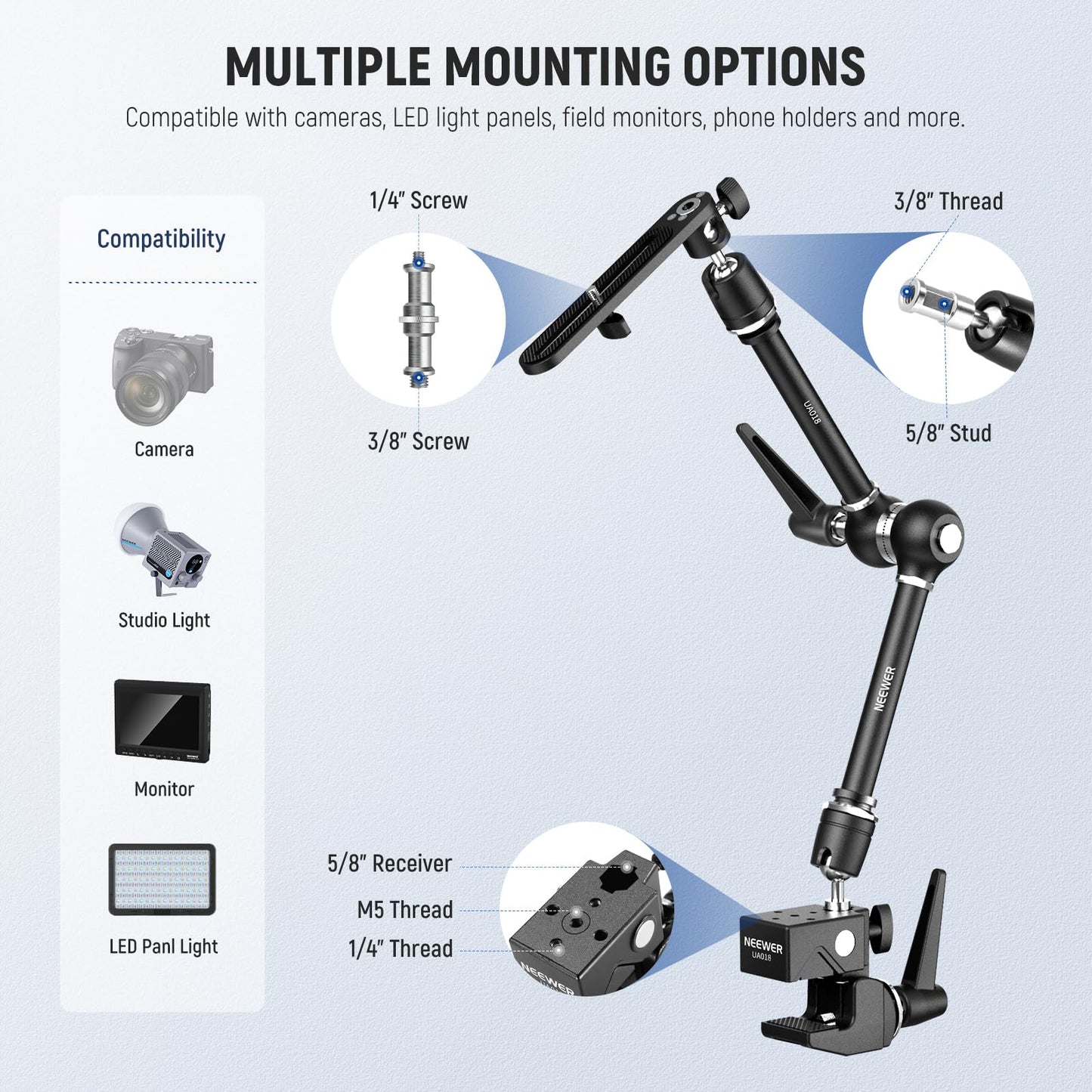NEEWER 21" Magic Arm Camera Mount with Super Clamp, Overhead Desk Mount with 360° Dual Ball Head, 1/4" 3/8" 5/8" Stud Adapter for PA073 PA074 Phone Cage Rig DSLR Camera Monitor Video Light, UA018