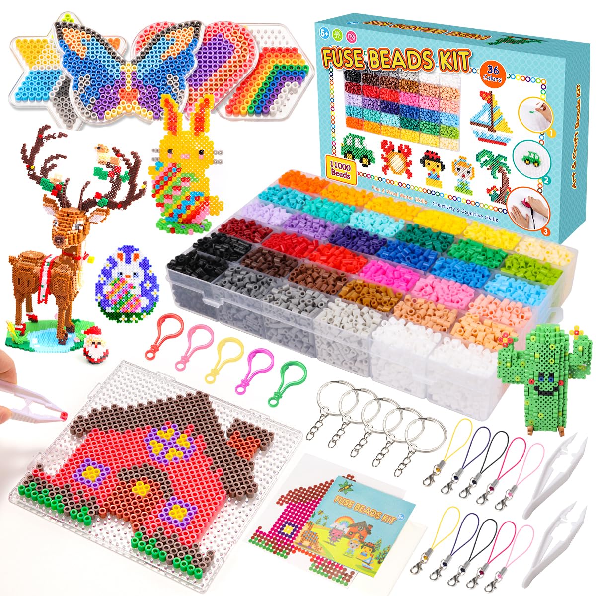 Fuse Beads Kit - 36 Colors 11,000 Melty Beads DIY Art Craft Set for Kids with 5 Pegboards, Ironing Paper, Chain Accessories, Birthday Toys for Boys Girls