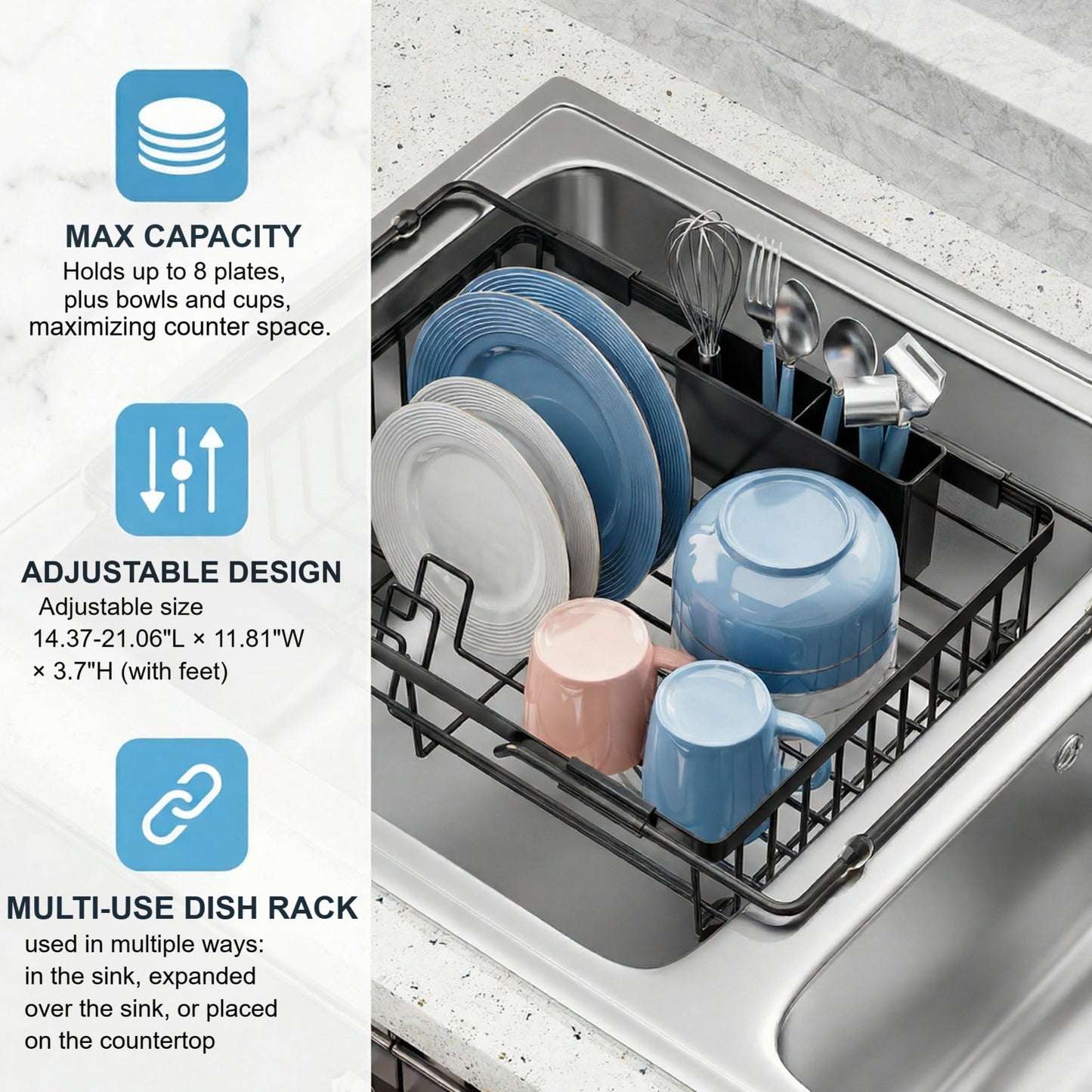Expandable in Sink Dish Drying Rack - Adjustable Capacity Over The Sink Dish Drainer Drying Rack with Utensil Holder for Kitchen Counter, Drying Rack for Small Space,14.37“-21.06”L x 11.81“W x 3.74”D