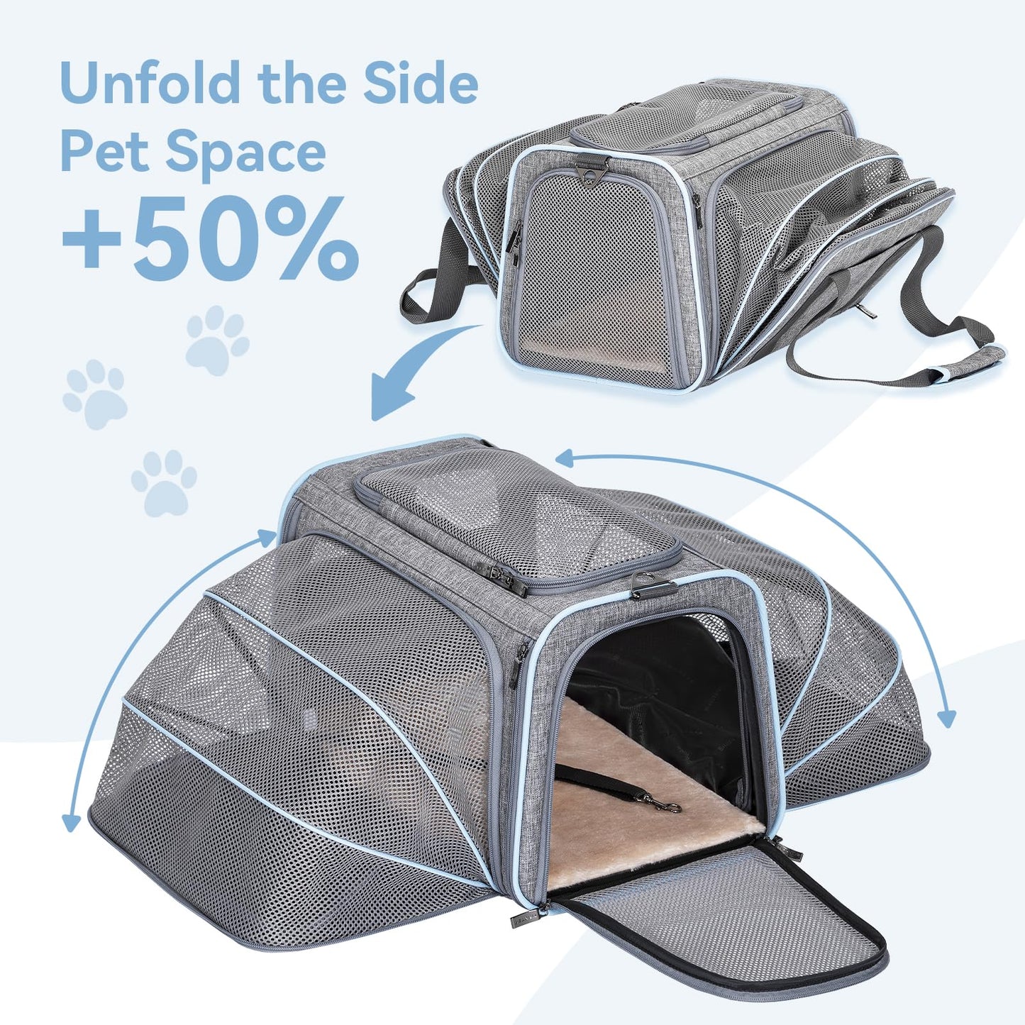 Petsfit Expandable Cat Carrier Dog Carrier,Airline Approved Soft-Sided Portable Pet Travel Washable Carrier for Kittens,Puppies,Removable Soft Plush mat and Pockets,Locking Safety Zippers