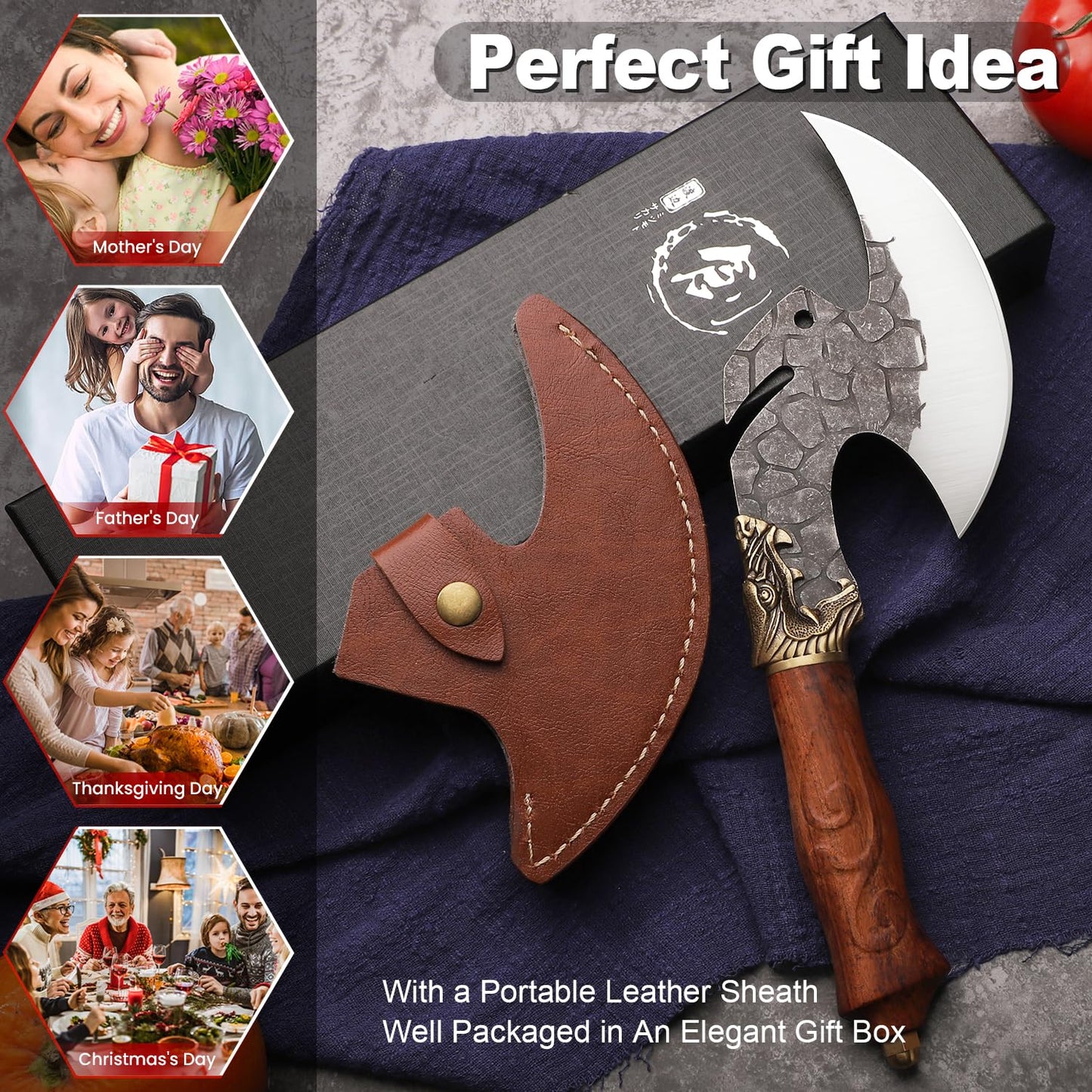 Dream Reach Viking Cleaver Knife Butcher Meat Cutting Boning Knife High Carbon Steel Kitchen Axe with Sheath Home Outdoor BBQ Camping Birthday Christmas Gift Men