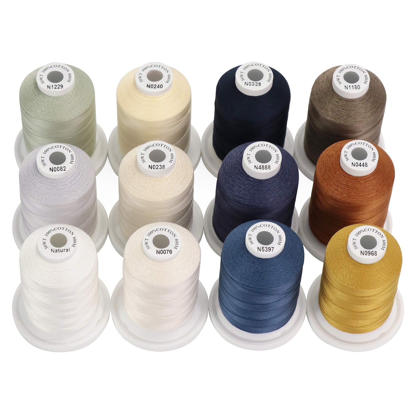 New brothread - 18 Options - Multi-Purpose 100% Mercerized Cotton Threads 50S/3 600M(660Y) Each Spool for for Quilting, Serger, Sewing and Embroidery - 12 Neutral&Jean Colors