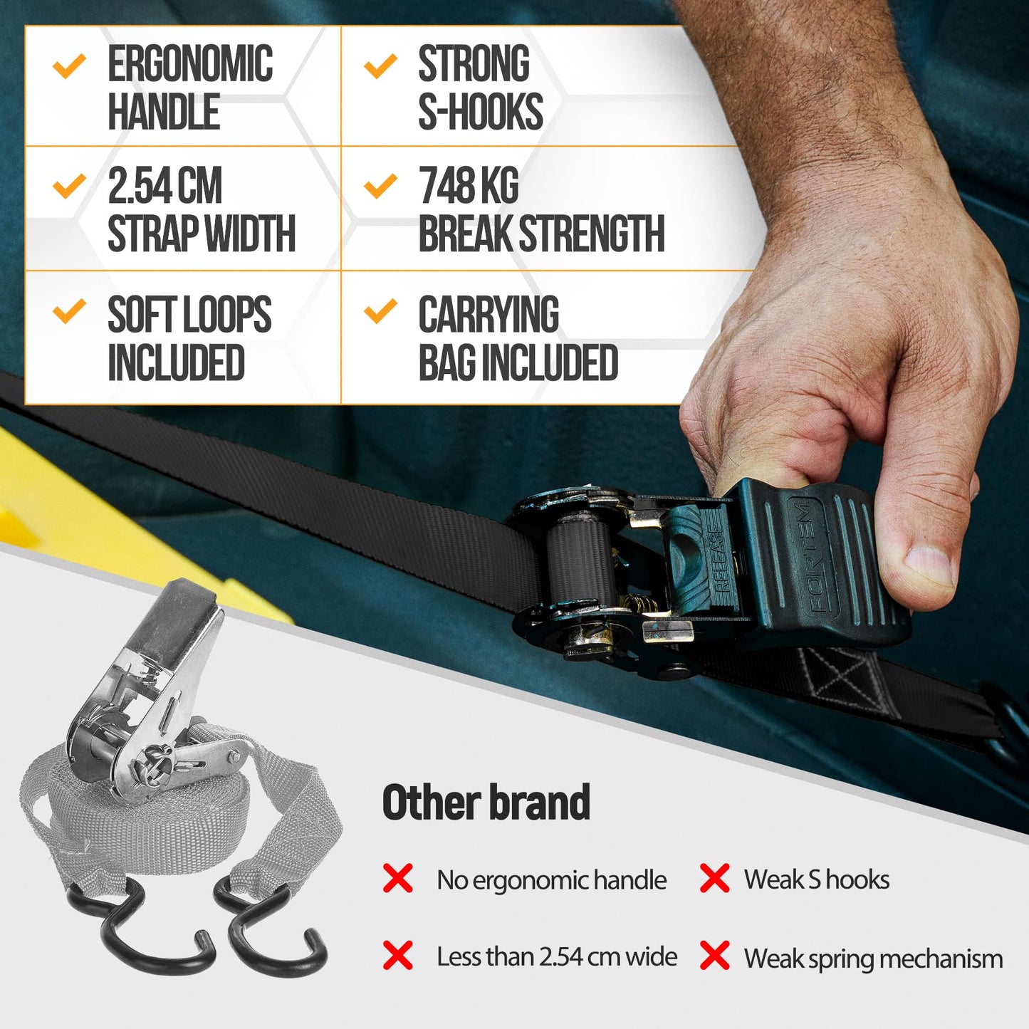 FORTEM Ratchet Straps, 748kg Break Strength, 4 4.57M Tie Down Strap Set, 4 Soft Loops, Motorcycle Straps Tie Downs, Cargo Straps for Trucks, Rubber Handles, Coated Metal Hooks, Carry Bag