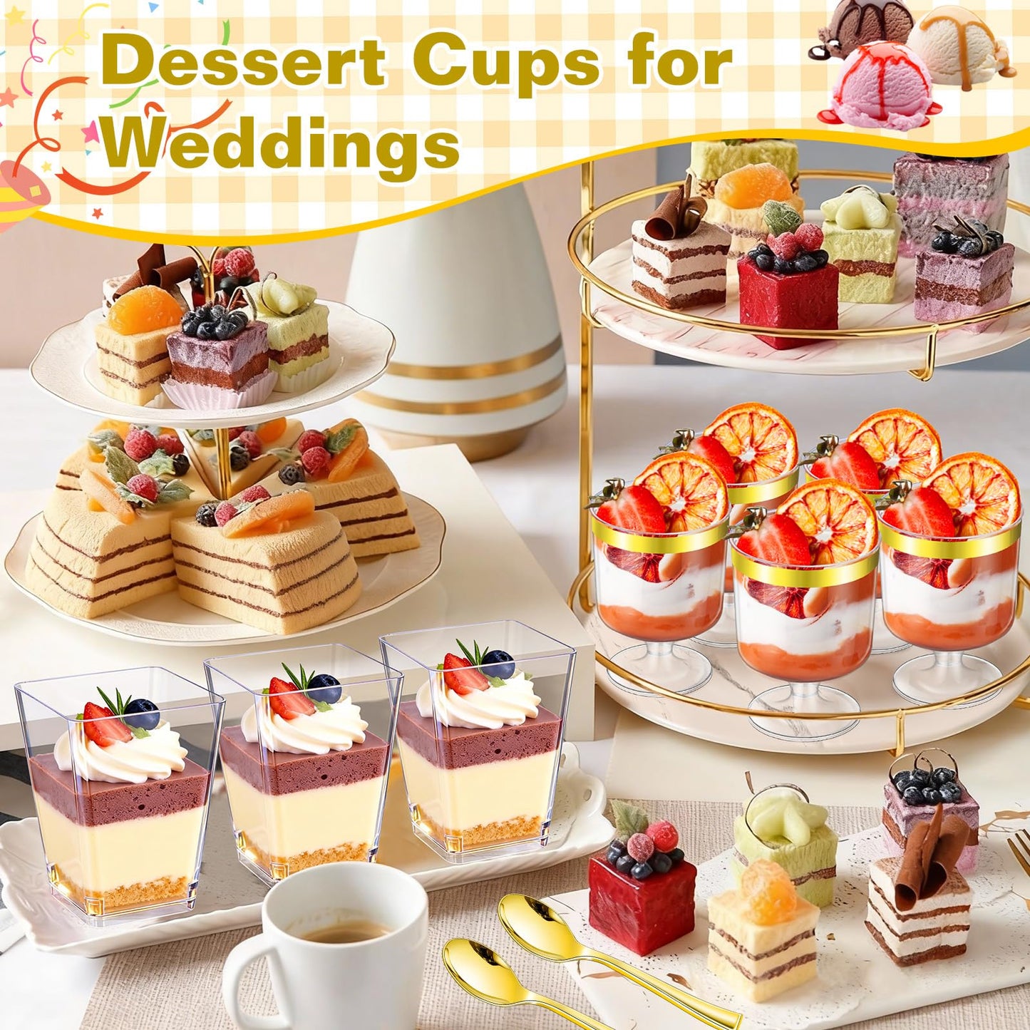 Mwellewm 300Pcs Dessert Cups 5 OZ Parfait Cups Small Plastic Desert Cups with Spoons Clear Mini Serving Shooter Cups Glasse Round Goblet with Gold Edge for Party Appetizer Fruit Ice Cream Cake Pudding